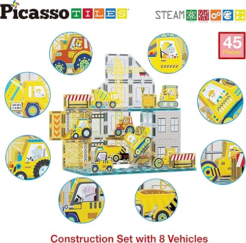 Miniatura 3 de PicassoTiles Juego de bloques de construcción de azulejos magnéticos con 8 vehículos de construcción, manivela, excavadora, bullsdozer, rodillo de