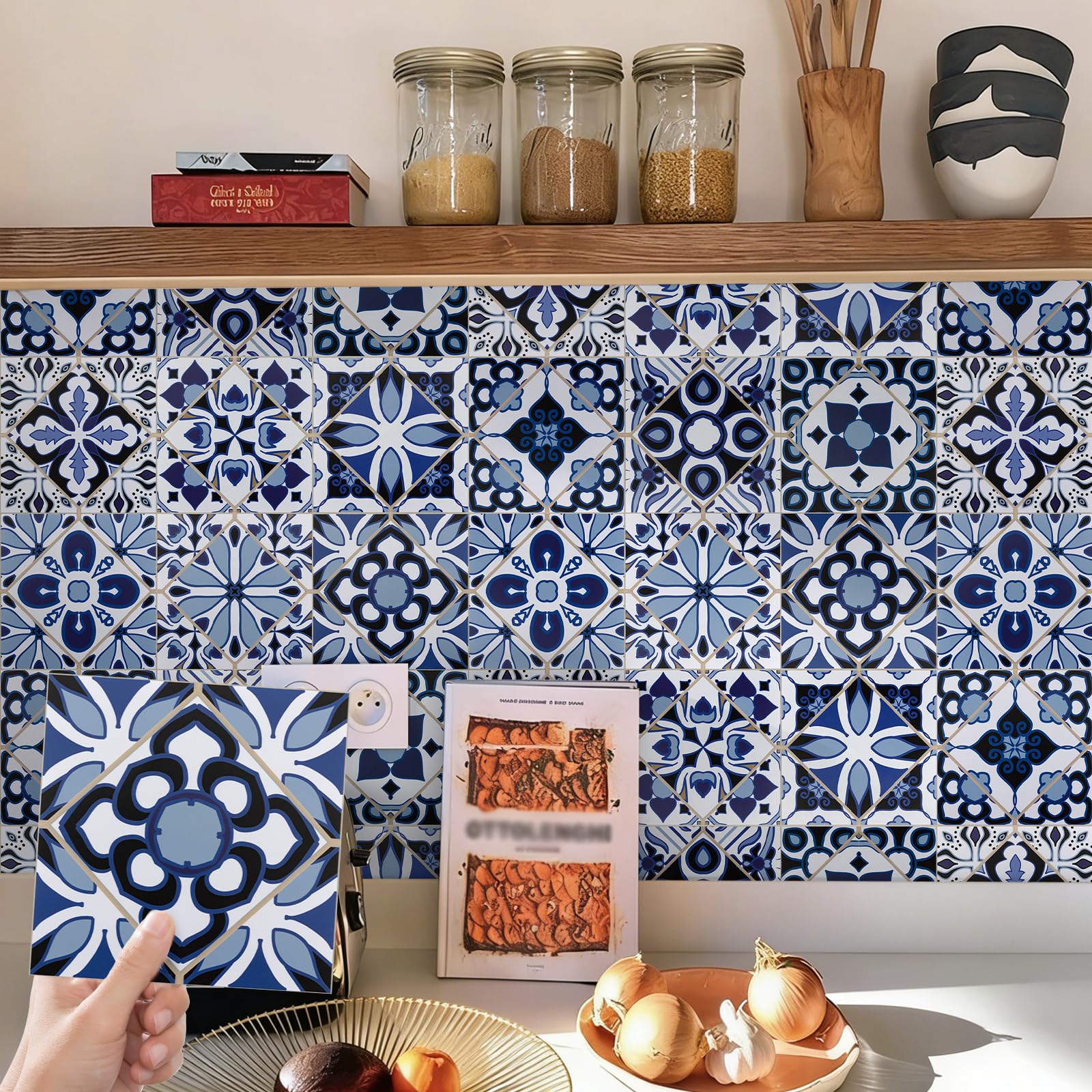 50pcs Blue Moroccan Tile Stickers Stick on Tiles for Kitchen Bathroom