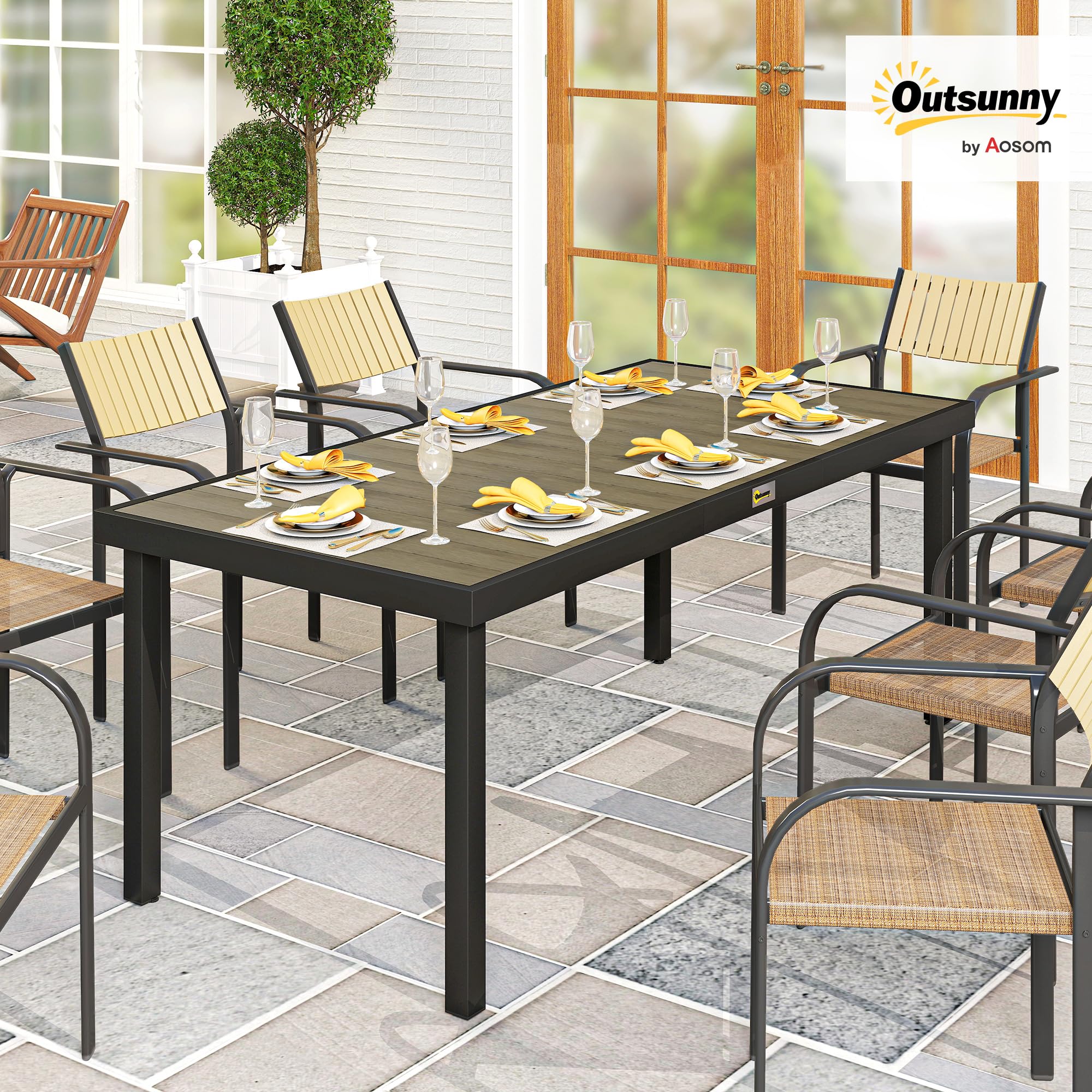Outsunny Tavolo da Giardino con Piano Effetto Legno 190x90 cm per 8 Persone, Tavola da Pranzo da Esterno Rettangolare in Alluminio e Plastica, Per Patio, Terrazzo, Balcone, Effetto Legno Marrone
