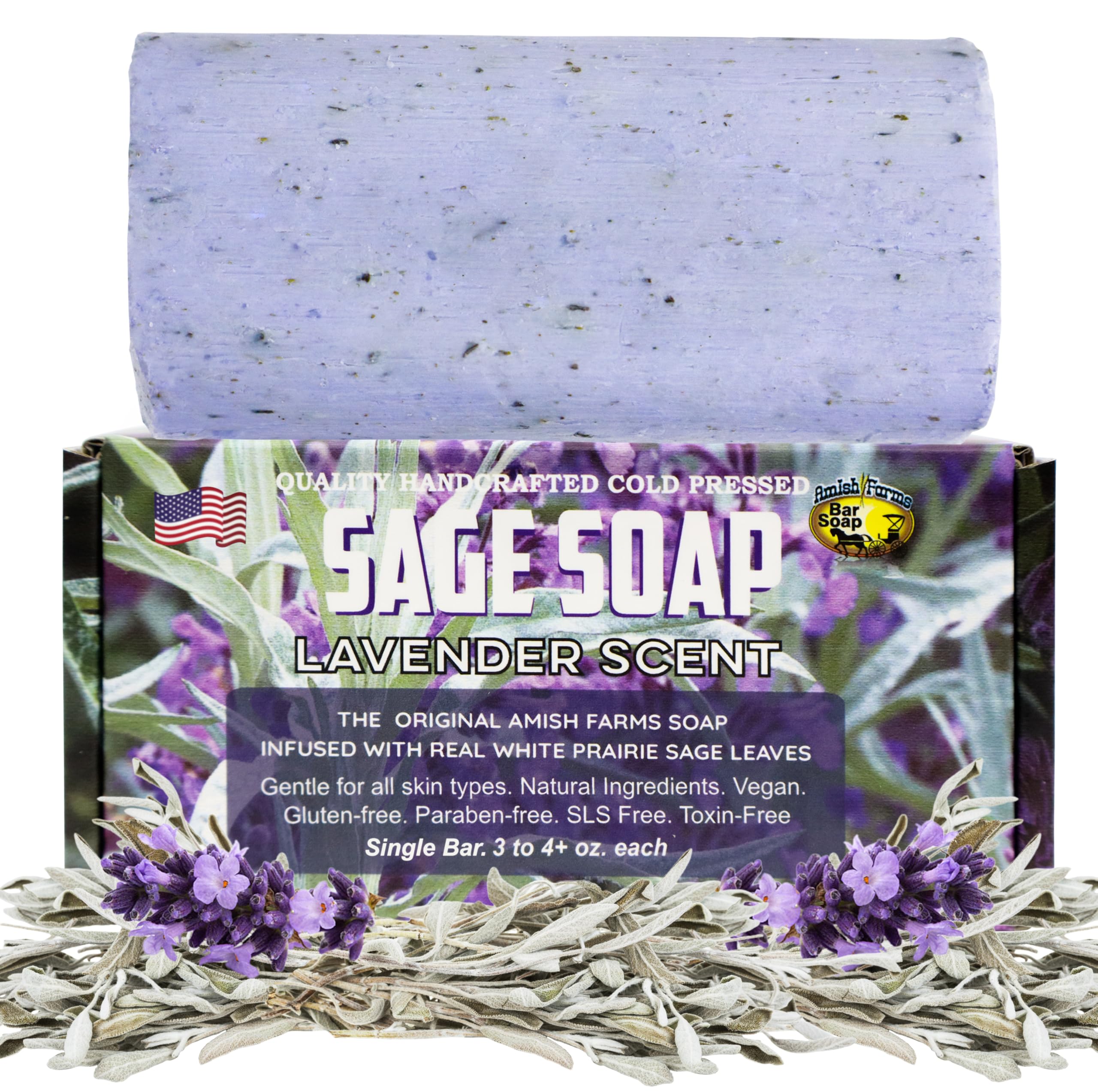 Amish Farms Sage Soap Bar with Bentonite Clay for Face & Body, Lavender Scent (1 Bar) Handmade in USA, Cold Processed Body Soap Bars for Women and Men - Gentle for Sensitive Skin, 4 Ounce Each
