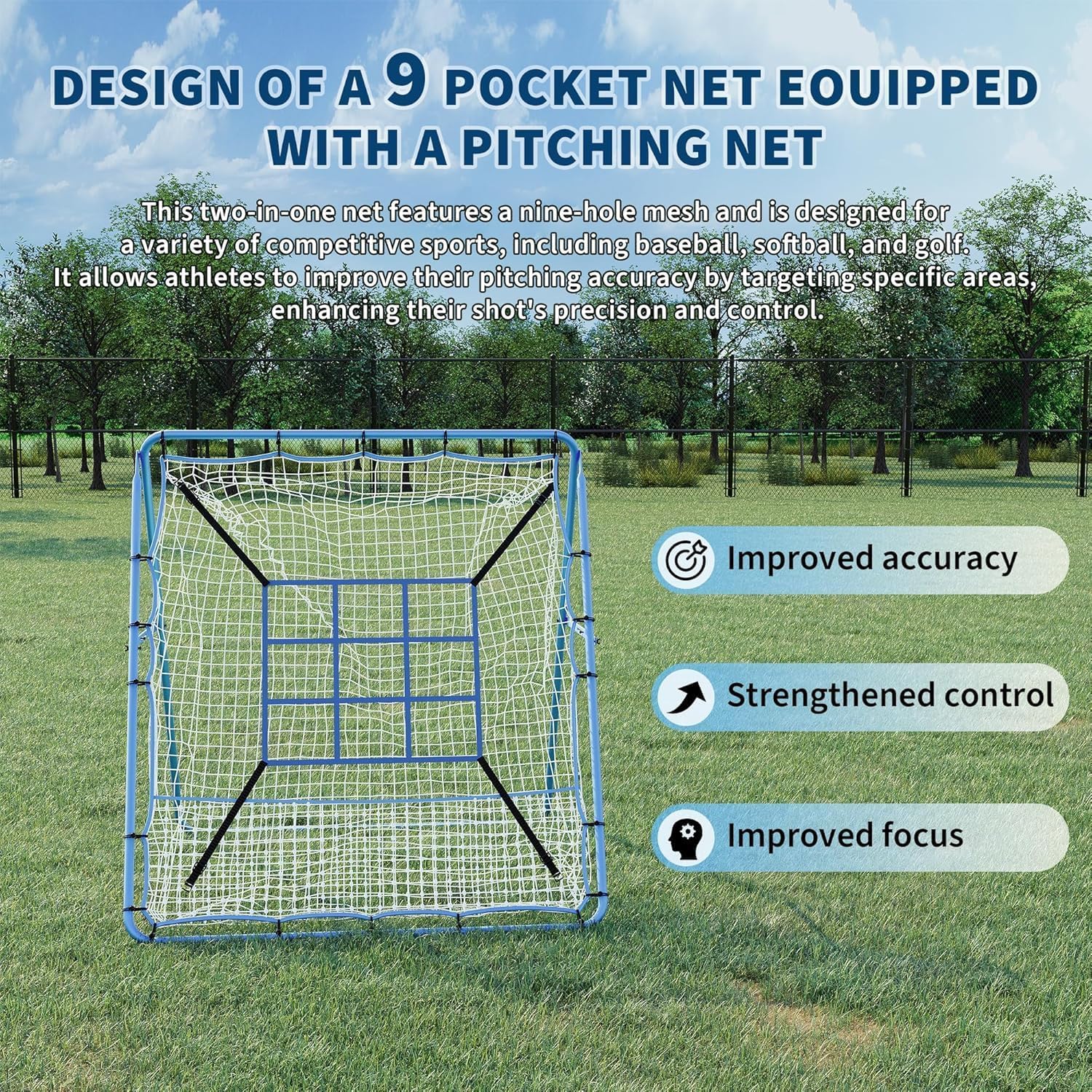 2-in-1 Baseball Rebounder Net with 9 Holes, Adjustable Baseball Bounce Back Trainer, Portable Multi-Sport Softball and Baseball Trpment Forey & More