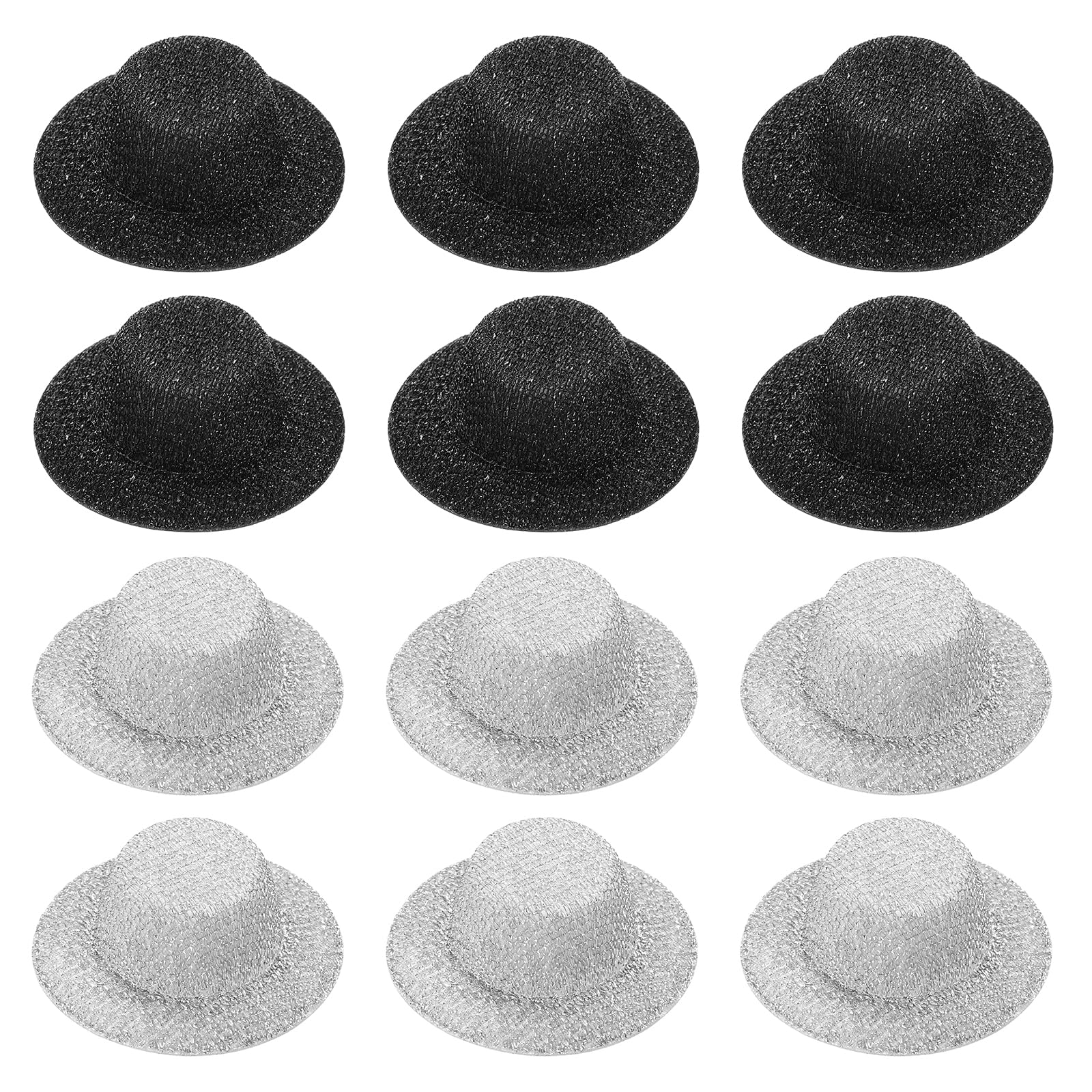 PATIKIL Mini Hats for Crafts, 12 Pcs 18mm ID Sparkling Mini Cowboy Hats Miniature Formal Top Caps for DIY Dollhouse Decoration Hair Accessories Snowman Weddings Party, Black/Silver
