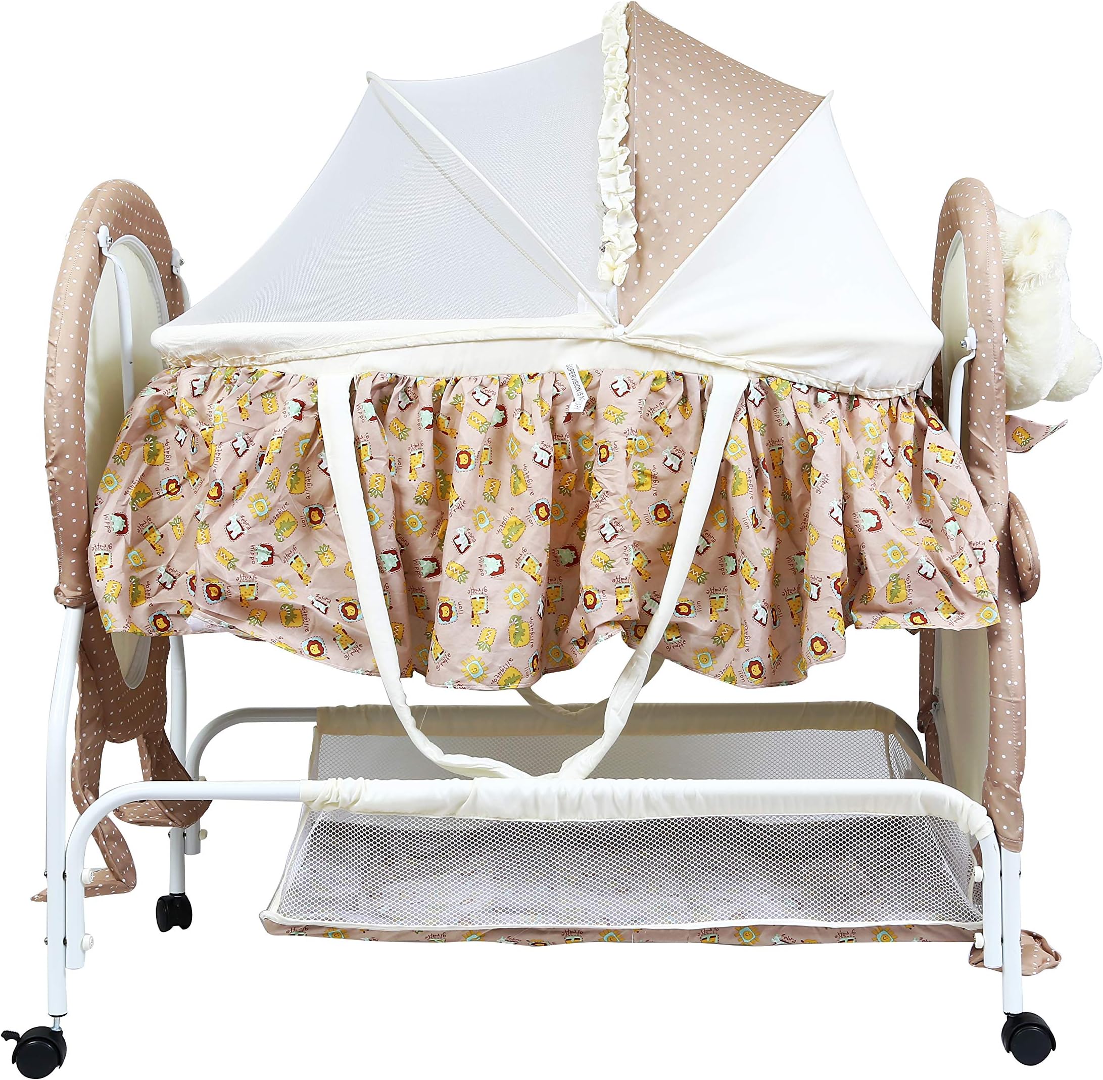 1st Step Baby Cradle/Baby Bassinet with Swing, Attractive Animal Design, Mosquito Net, Lockable Wheels and Storage Basket-Brown
