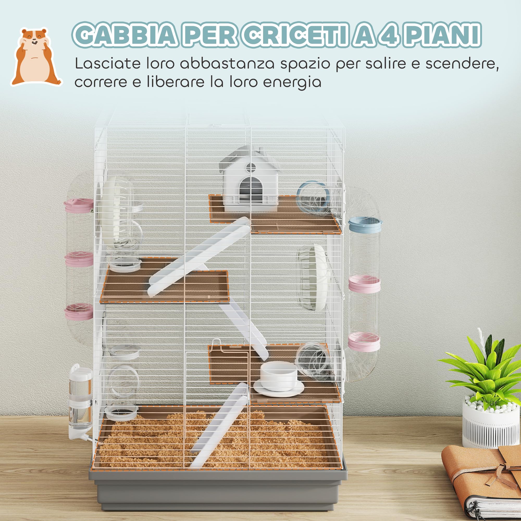 PawHut Gabbia per Criceti 4 Livelli 2 Ruote Silenziose 47x30x70cm Grigio | 16 Tubi, Casetta, Rampa, Ciotole, Serbatoio per l'Acqua, Vassoio Antigoccia, Gabbietta per Criceti, in Metallo e Plastica