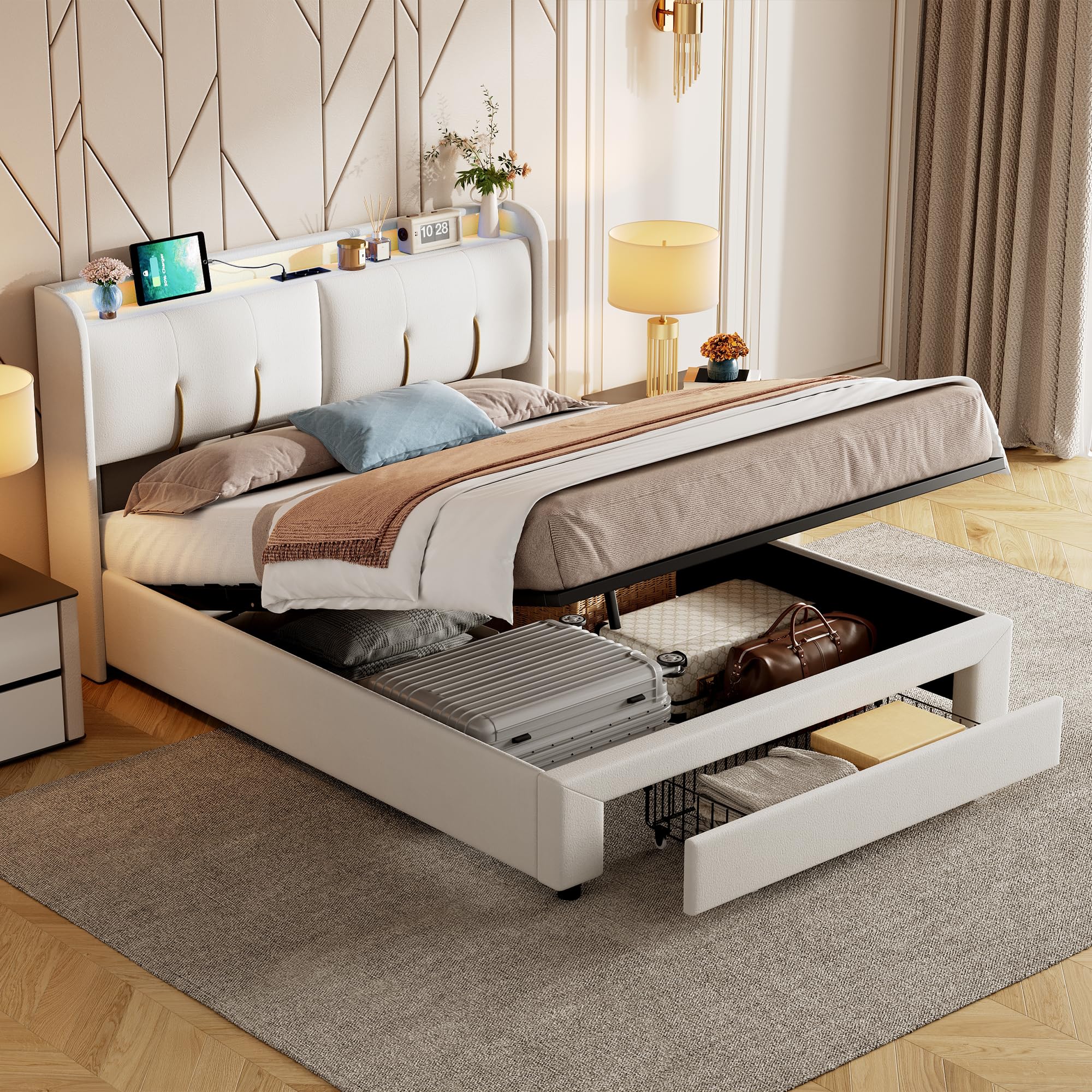 Polsterbett 140x200 cm,Led Bett mit Stauraum Schublade,Doppelbett, LED Kopfteil mit USB Ladefunktion, Rückenlehne Bed mit Stauraum und Lattenrost, Stauraumbett, Samt, Ohne Matratze