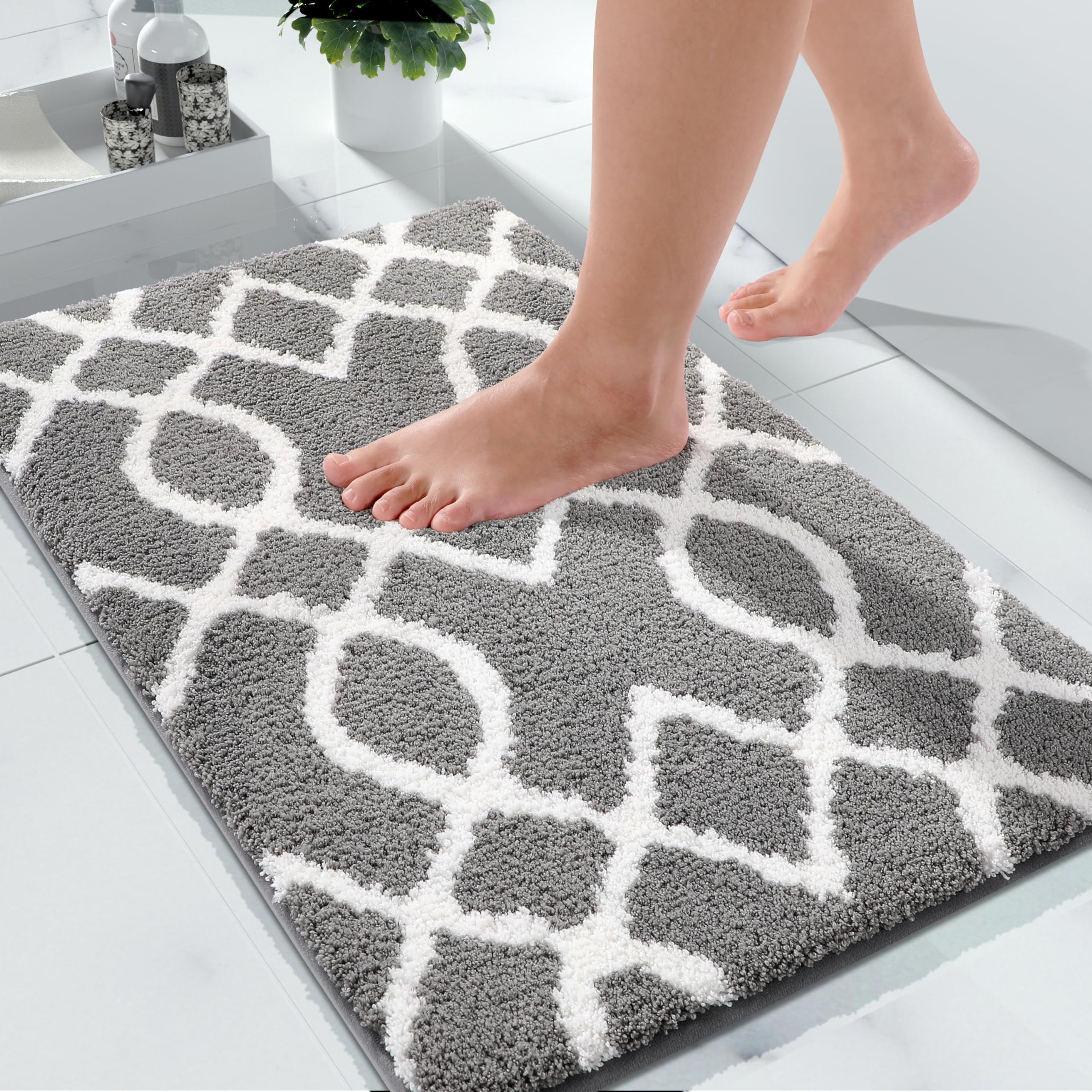 Yimobra Luxury Fluffy Bathroom Rugs, Super Elastic Soft Thick Plush Bath Mat, Non-Slip Water Absorbent, Easier to Dry, Shaggy Microfiber Floor Carpet for Bathtub, 31.5 x 19.8 Inch, Grey