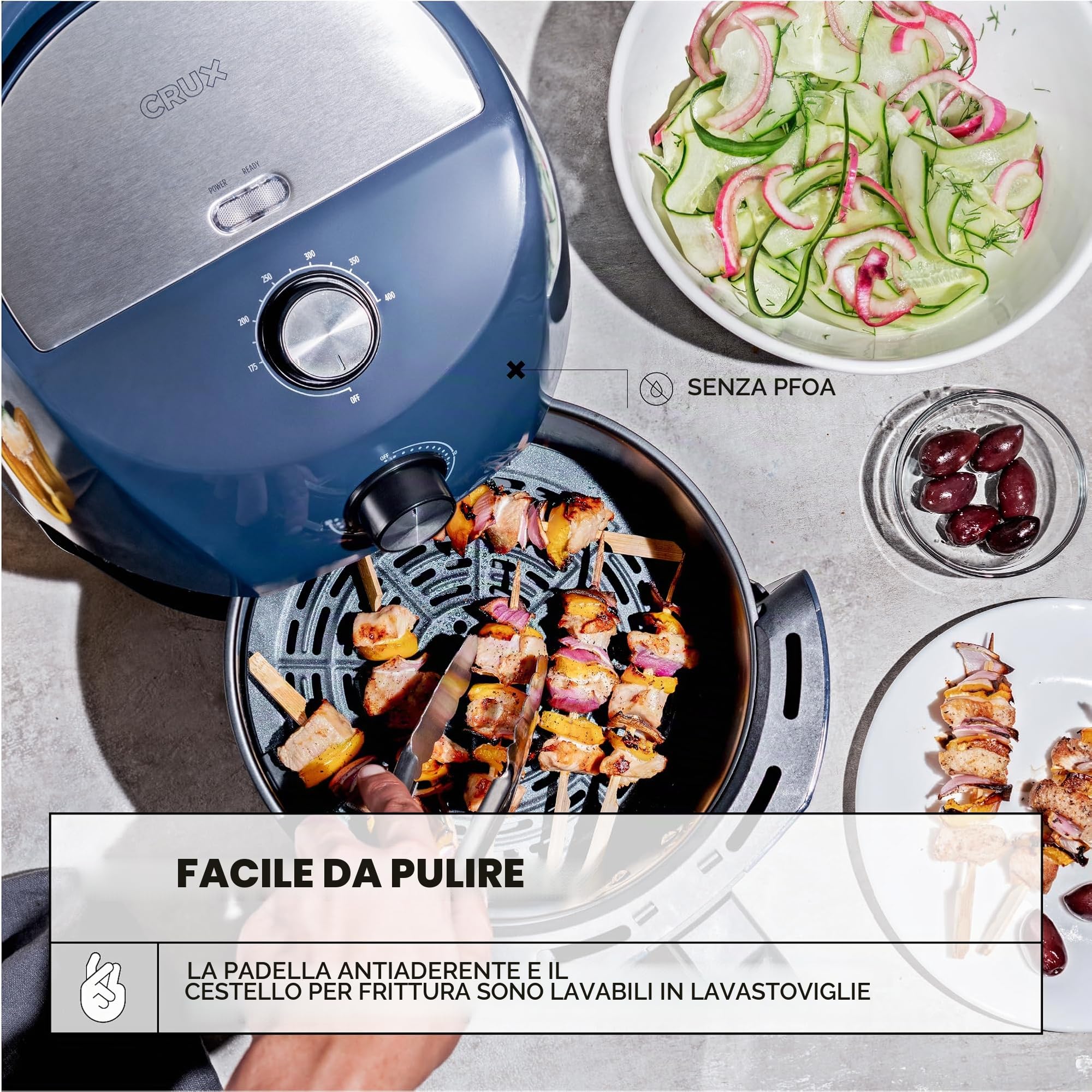 Crux Friggitrice ad Aria Manuale da 3.5 L, Preriscaldamento Più Veloce, Frittura Senza Olio, Cestello Antiaderente e Griglia di Cottura Lavabili in Lavastoviglie, Acciaio Inossidabile, Blu