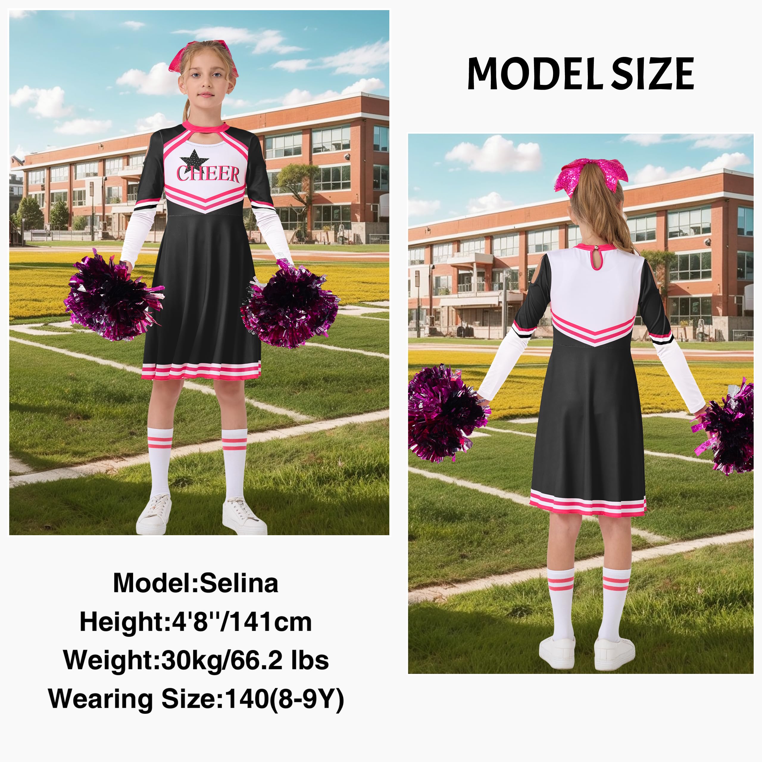 LOLANTA Costume da Cheerleader per Bambini, Vestito da Cheerleader a Maniche Lunghe per Ragazze con Pompon e Calzini, Carnevale o Evento Sportivo