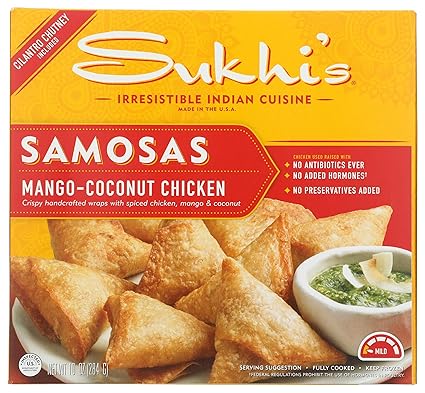 Sukhi's Indian Mango Coconut Chicken Samosa Frozen Appetizer Snack with Cilantro Chutney Dipping Sauce 10oz
