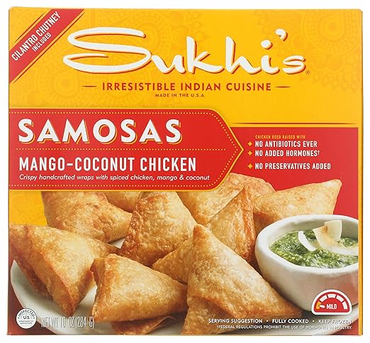 Sukhi's Indian Mango Coconut Chicken Samosa Frozen Appetizer Snack with Cilantro Chutney Dipping Sauce 10oz