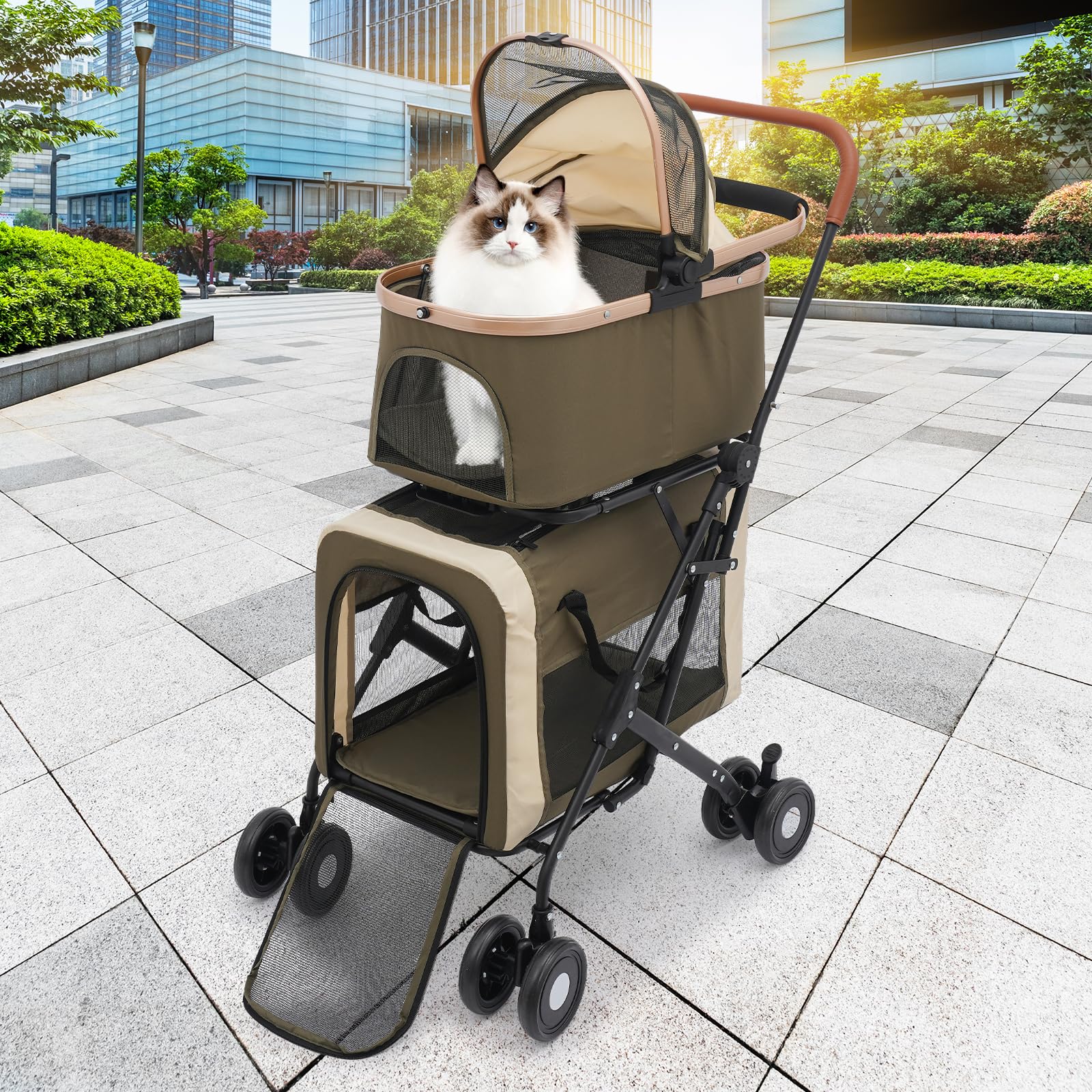 Passeggino per cani 3 in 1, 2 ripiani, con finestre a rete, tasche e imbottiture, Oxford e metallo, passeggino per animali domestici fino a 35 kg, pieghevole, per cani, gatti, animali domestici (verde