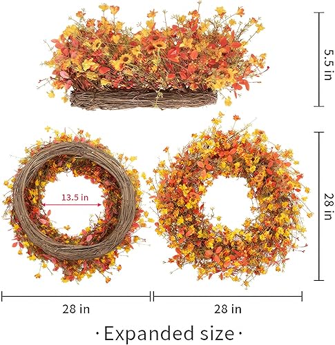 Miniatura 8 de Corona de otoño de 22 pulgadas para puerta delantera, corona de otoño artificial de eucalipto naranja con margaritas jazmín, corona de otoño para