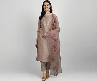VredeVogel Women's Silk Blend Embroidered Straight Kurta Pant Set with Organza Dupatta