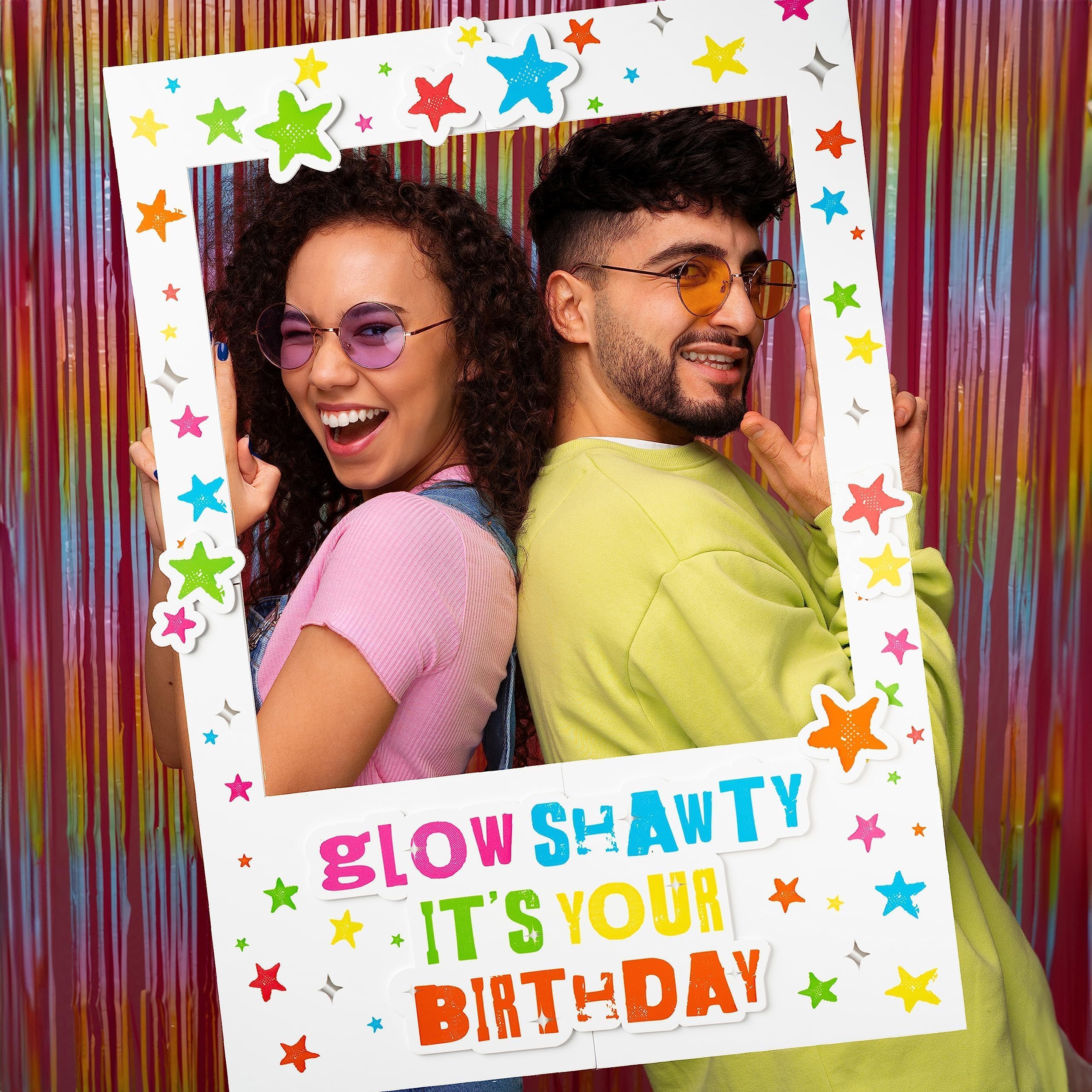 Cheerland Neon Glow Party Photo Booth Frame Birthday Decorations Shawty Stars Colorful Selfie Prop for Light Disco Themed Bday Suppiles and Favors