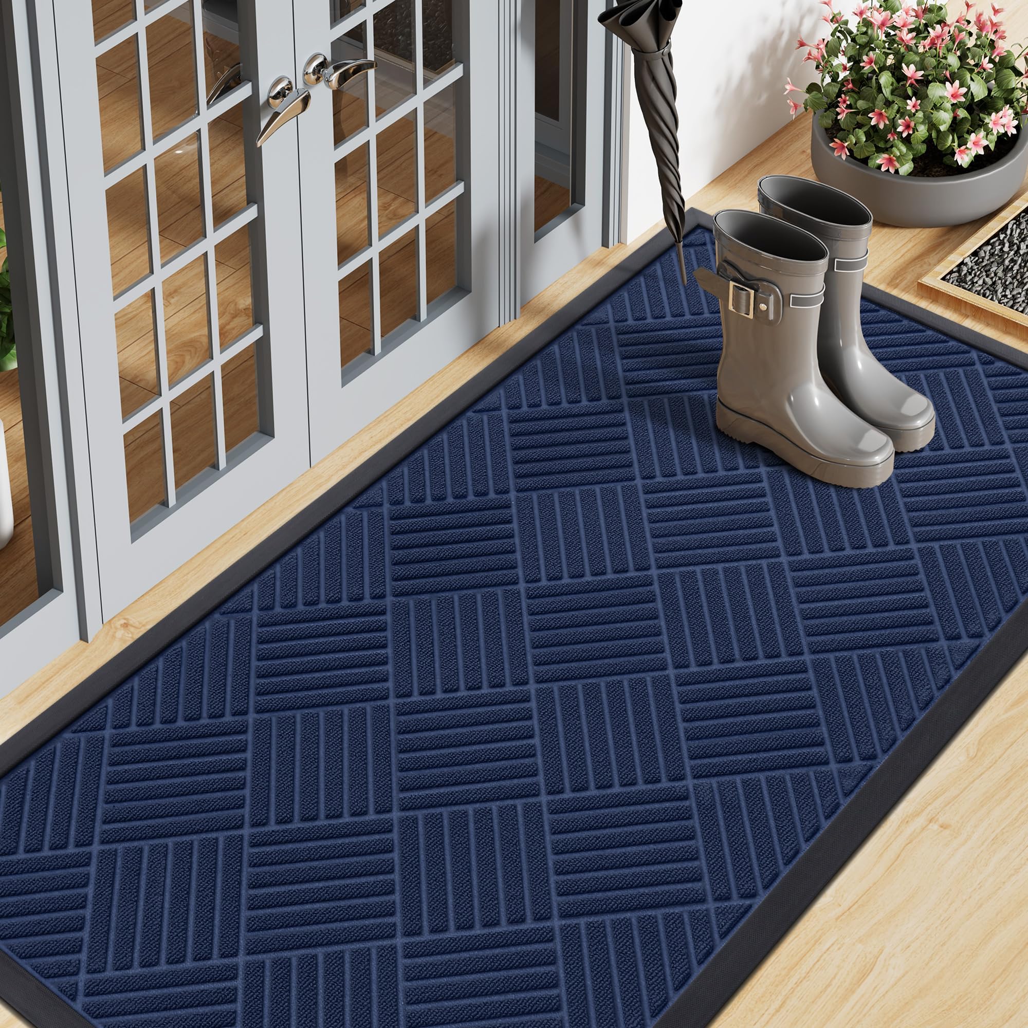 Smiry Front Door Mat Outside Entrance, Heavy Duty Outdoor Indoor Natural Rubber Doormat, Non Slip, Trap Dirt and Moisture, Easy Clean, Low Profile Patio Porch Entryway Mat, 71x23, Navy Blue