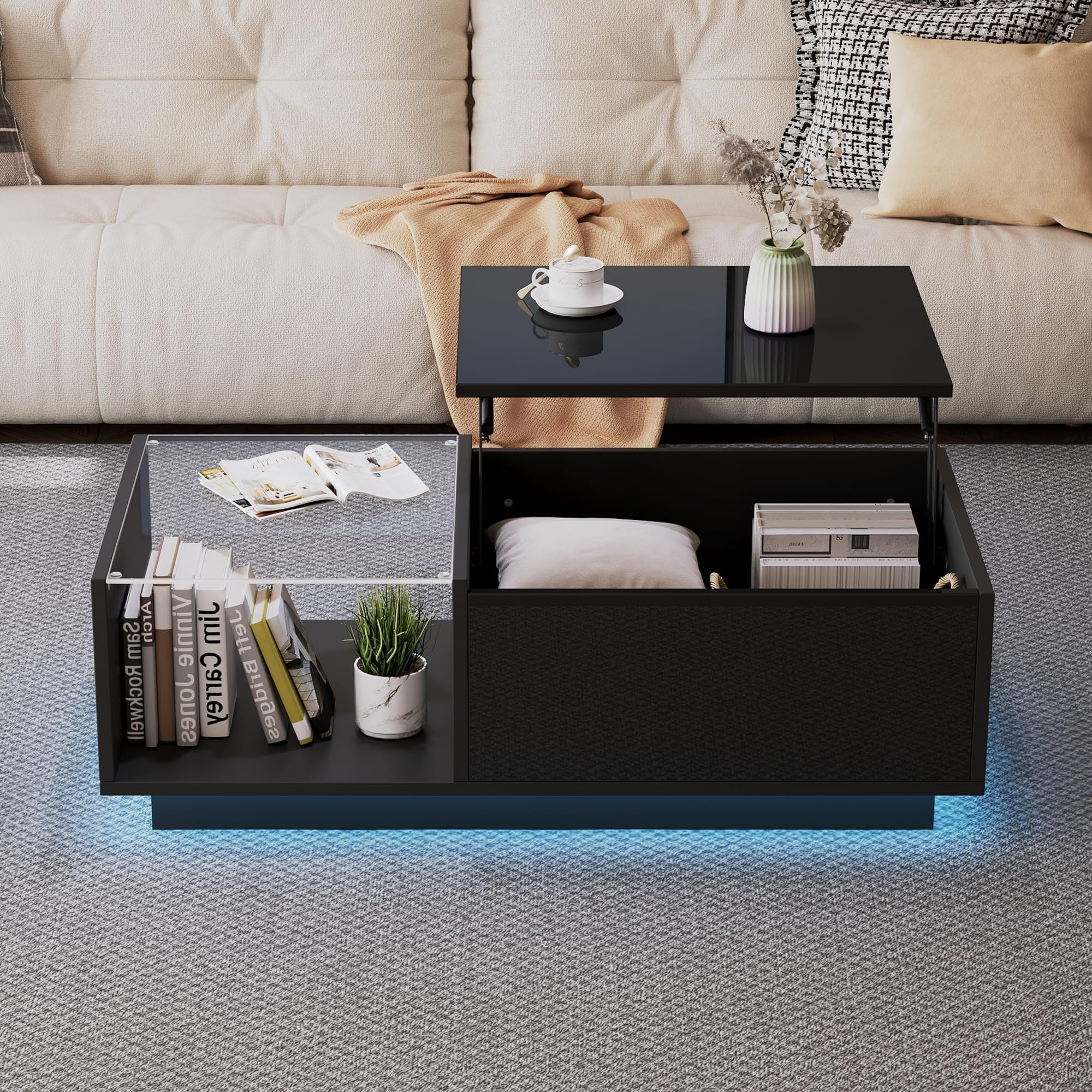 okwish Couchtisch Höhenverstellbar mit LED & Stauraum, Schwarz Hochglanz