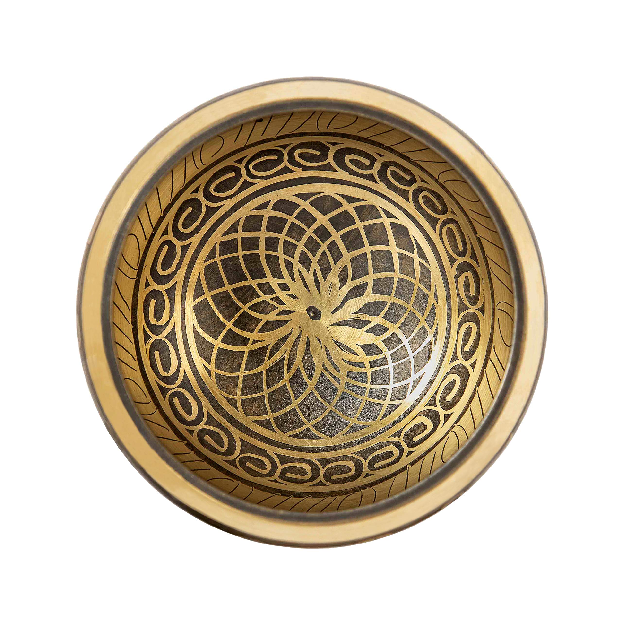 Campana Tibetana con 7 metalli ~ incisa, Ø13cm. Originale del Nepal. Fatta a mano. Set: cuscino di seta e battente con Buddha scolpito a mano. Per Meditazione, Chakra e Terapia del Suono