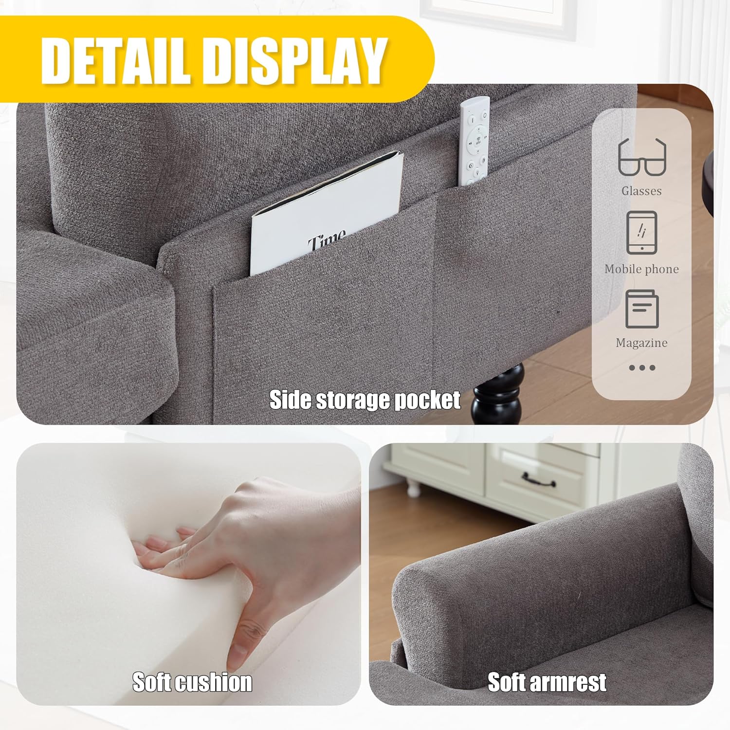 Oversized Chaise Lounge Chair, 49.4" Chenille Leisure Recliner Sleeper Sofa, Upholstered Lazy Lounge Chairs, Comfy Single Sofa Reading Armchair for Living Room, Bedroom, Dark Grey
