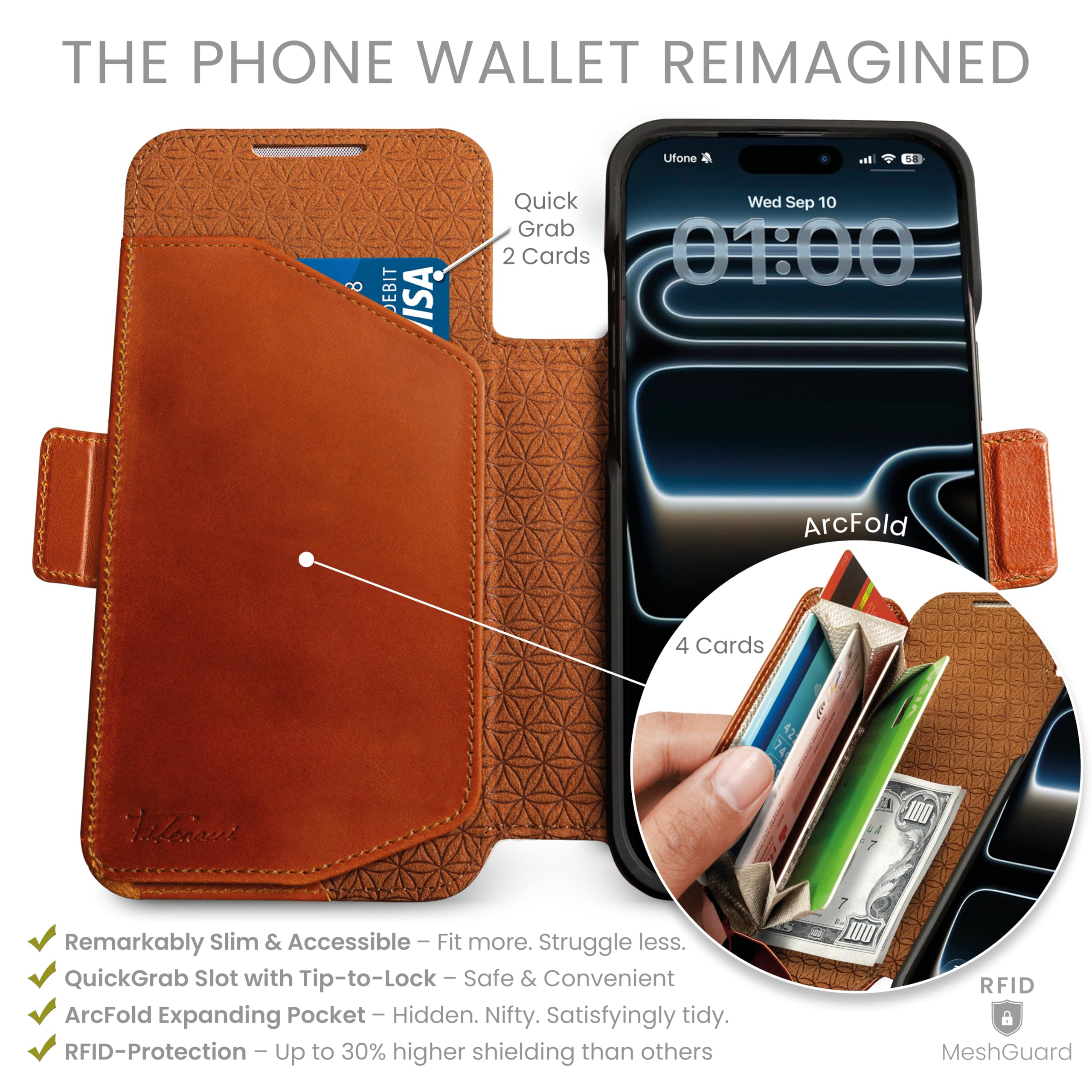 Dreem Real Leather Wallet Case for iPhone 17 Pro Max, Revolutionary Vert/Hor Phone Stand, Magnetic Detachable Flip Cover RFID Blocking Card Holder, MagSafe-Fit, Gift Box [Fibonacci: Caramel] - 2
