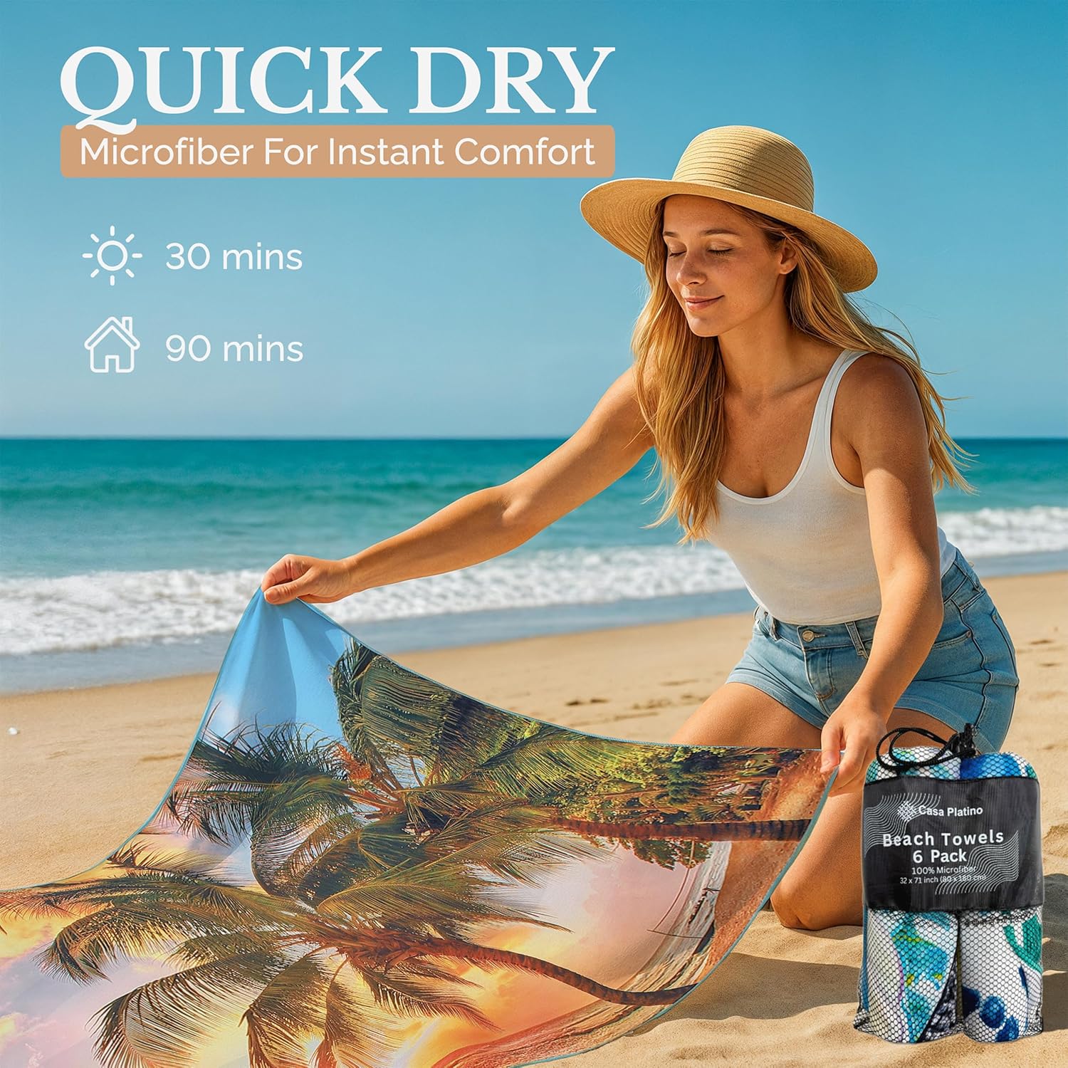 Casa Platino Microfiber Beach Towel 6 Pack – Extra Large 71"x32" Sand Free, Quick Dry Towels with Double-Sided Prints, Lightweight & Soft, Perfect Beach Towels for Girls, Travel & Camping – Marsa