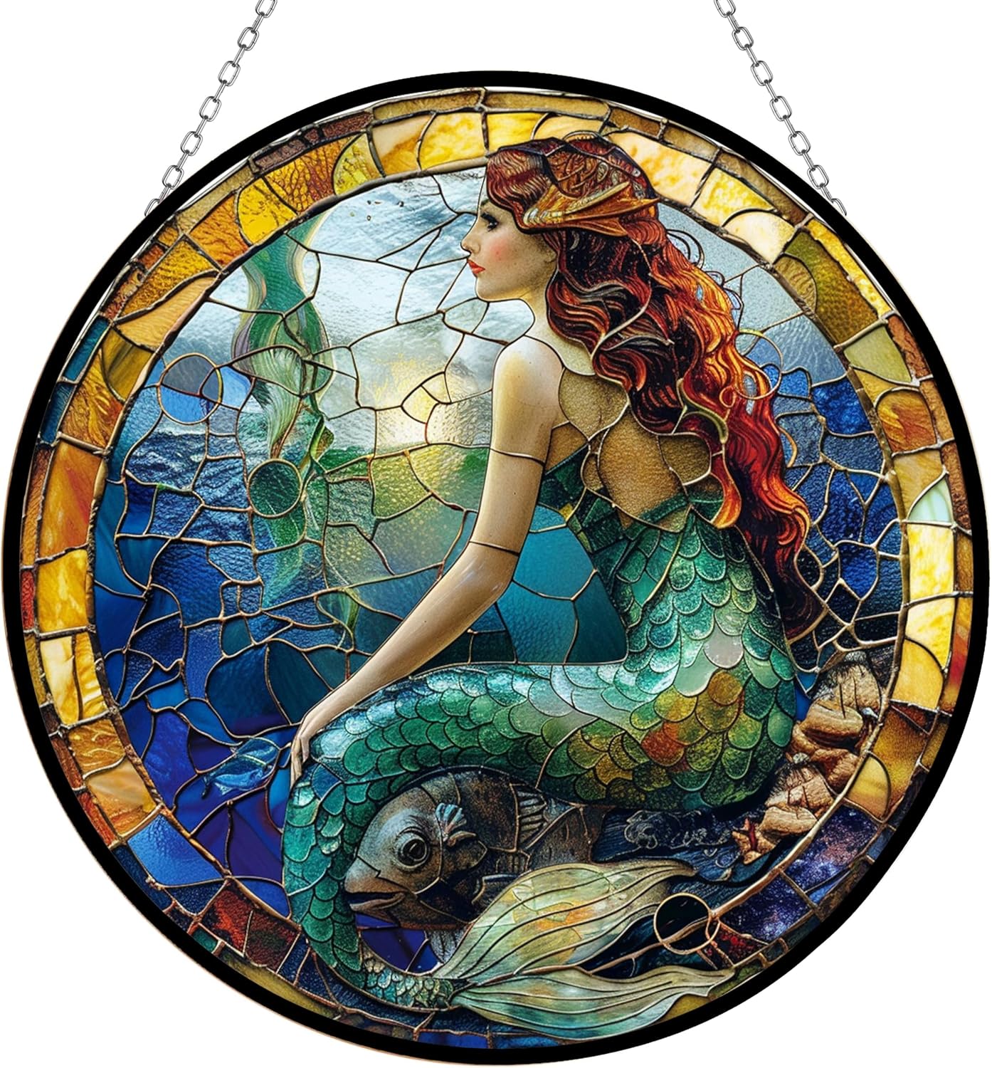 Mermaid Suncatcher Stained Glass Window Hanging Stained Glass Suncatchers Metal Chain Outdoor Garden Decor Gift for Women Christmas Thanksgiving (12”x12”)