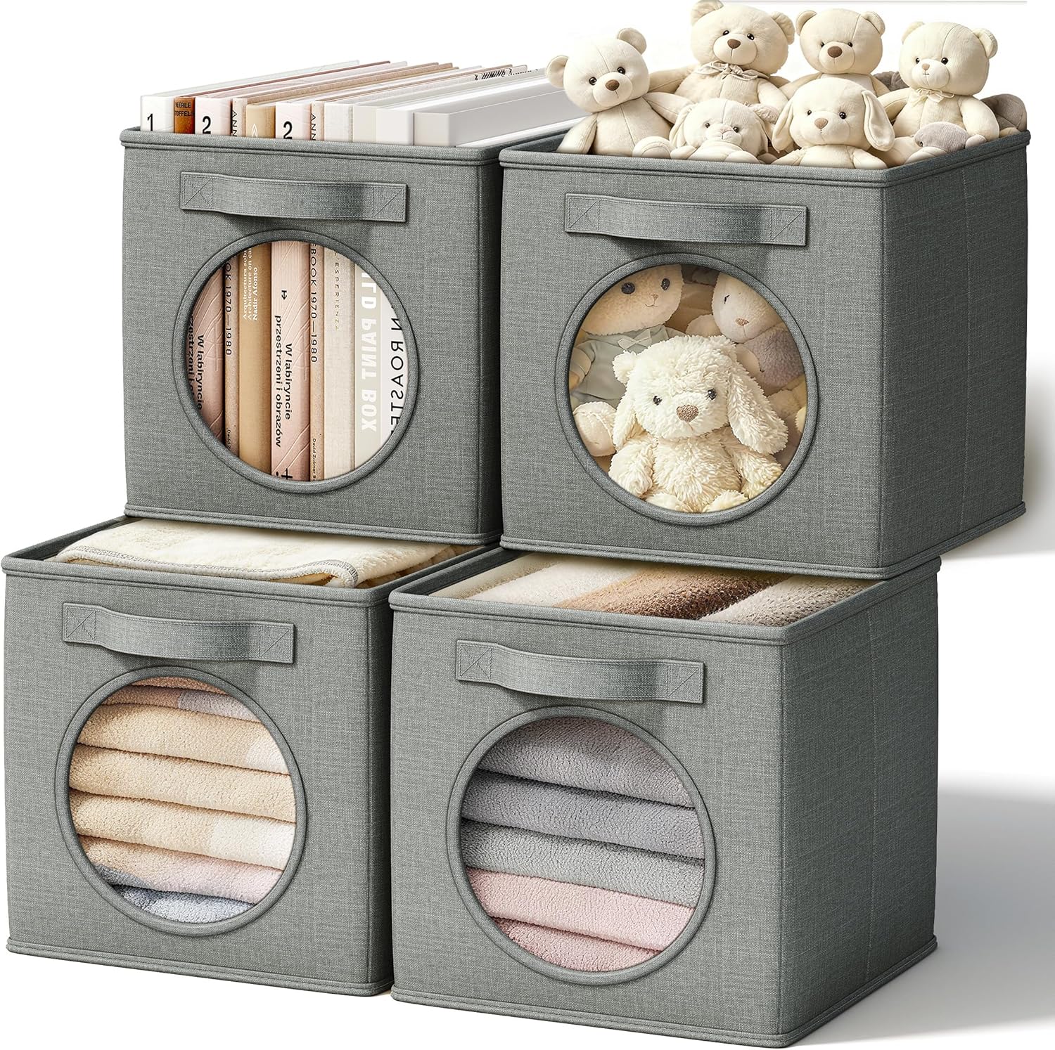 Vailando Ultra Thick Fabric Foldable Storage Bins with Mesh Window - 11 Inch Cube Storage Organizer for Clothes, Shelves, Offices, Toys & Misc, Dark Gray, 4 Pack