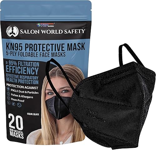 Salon World Safety Mascarillas protectoras KN95 negras, caja de 50, eficiencia del filtro 95%, 5 capas, tela sanitaria no tejida de 5 capas