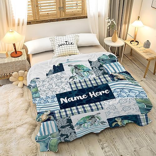 Miniatura 2 de BUYYET Manta personalizada de franela de vellón con nombre personalizado de tortugas marinas, manta ligera y suave para cama, sofá, viajes al aire
