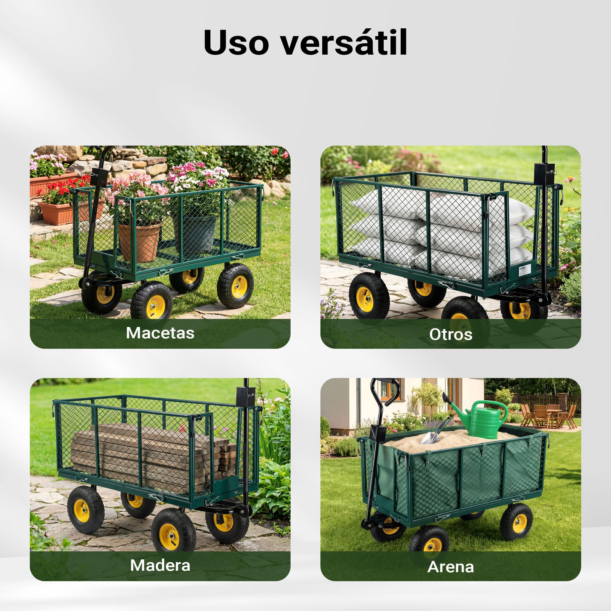 Carrito de Transporte XXL hasta 550kg con Lona extraíble, Rejilla de almacenaje y Ruedas Anchas