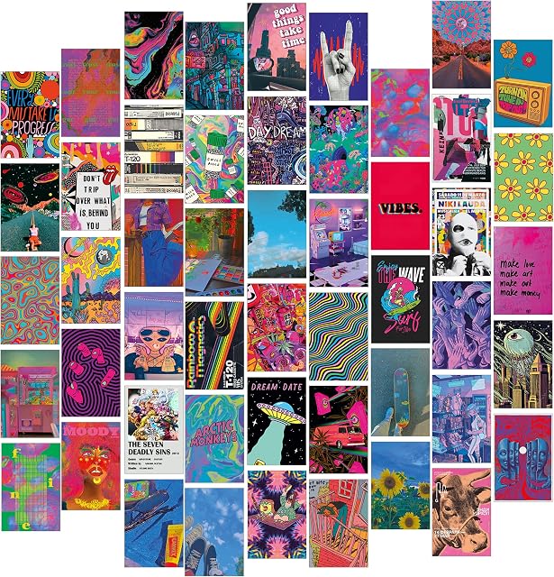 Hippie Room Decor for Bedroom Aesthetic, Indie Wall Collage Kit Aesthetic Pictures, 50pcs Grunge Room Decor Aesthetic Tiktok, Trendy and Cute Room Decor for Teen Girls, Trippy and Funky Wall Decor