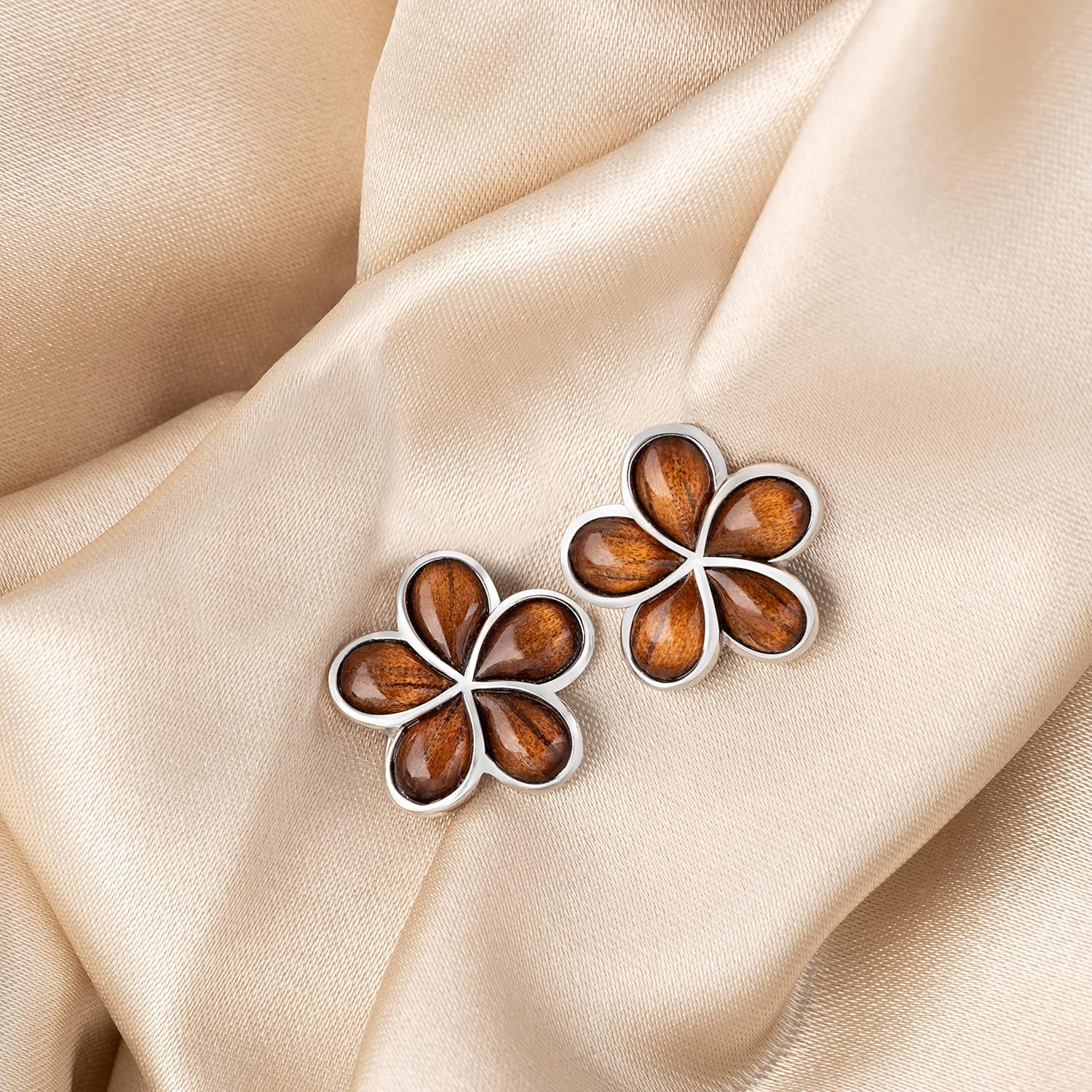 925 Sterling Silver Koa Wood Hawaiian Plumeria Flower Stud Earrings, Nickel Free Hypoallergenic for Sensitive Skin, Rhodium Finished, Gift Box Included