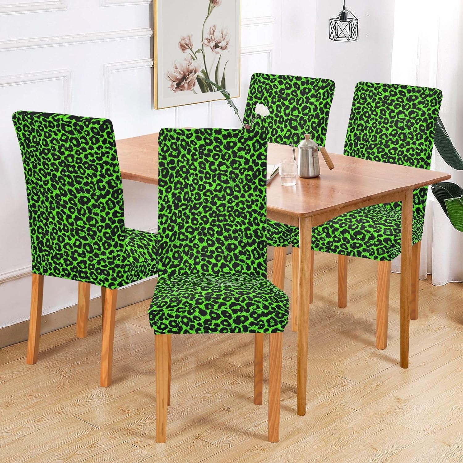 ALAZA Chair Covers for Dining Room, Green Leopard Print Cheetah Stretch Chair Cover Sets Chair Protector Removable Washable for Ktichen Restaurant Hotel