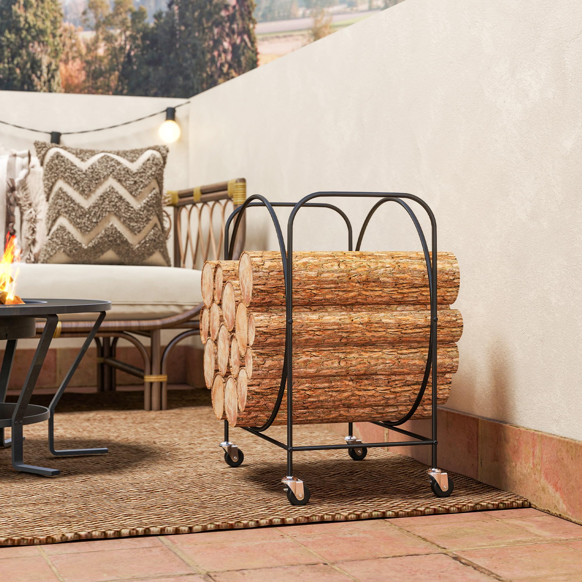 Outsunny Estante de Leña de Metal con Ruedas, Leñero Exterior e Interior, Soporte para Leña de Chimenea, Almacenamiento para Madera, 51x30x60 cm, Negro