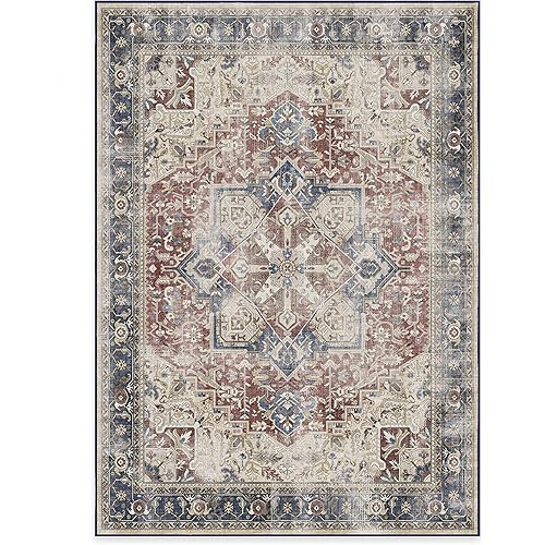 Ruggable Washable 5x7 Area Rug, Kamran Royal Blue, Premium Vintage Rugs for Living Room, Bedroom, Kitchen, Office, Classroom with Gripper Non Slip Pad