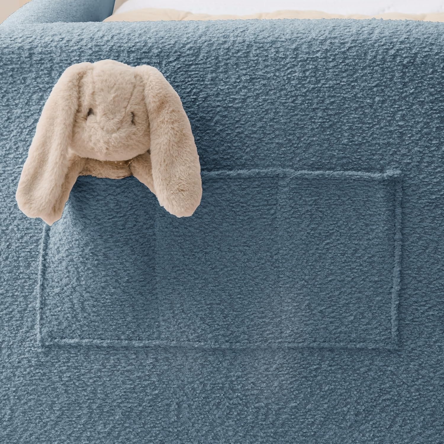 Ball & Cast Twin Size Platform Bed Frame with Cute Rabbit Ear Shaped Headboard & Pockets, Boucle Fabric Upholstered Twin Floor Bed with Wood Slats for Girls,Boys, No Box Spring Needed,Sky Blue