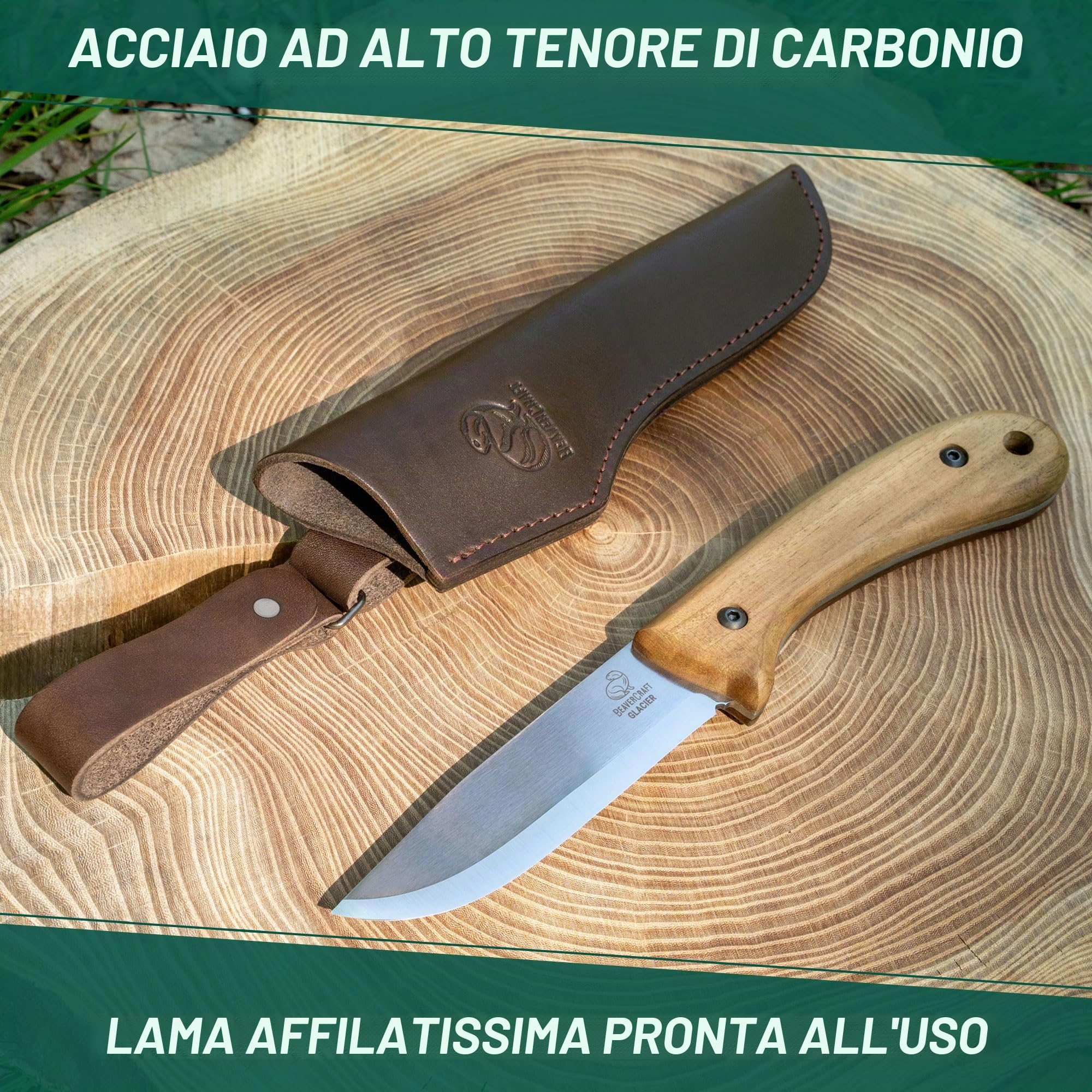 BeaverCraft Coltello da bushcraft Lama in acciaio Coltello a lama fissa con fodero in pelle Coltello da campeggio Coltello da sopravvivenza in acciaio al carbonio a codolo intero | BSH2 Glacier