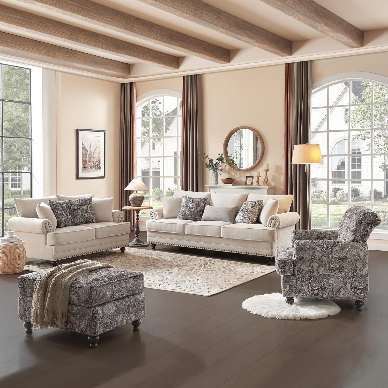Modern Farmhouse Loveseat Sofa, Chenille Upholstery with Nailhead Trim, Small Couch for Living Room, Bedroom, Office, or Apartment, Includes 4 Accent Pillows