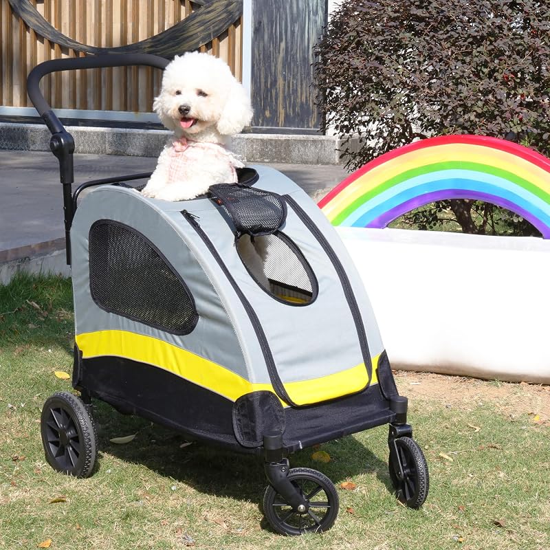 Cărucior pliabil BingoPaw pentru câini și pisici, până la 20 kg, respirabil, cu roți dotate cu amortizoare și frână, uși față-spate, 85x59x103 cm