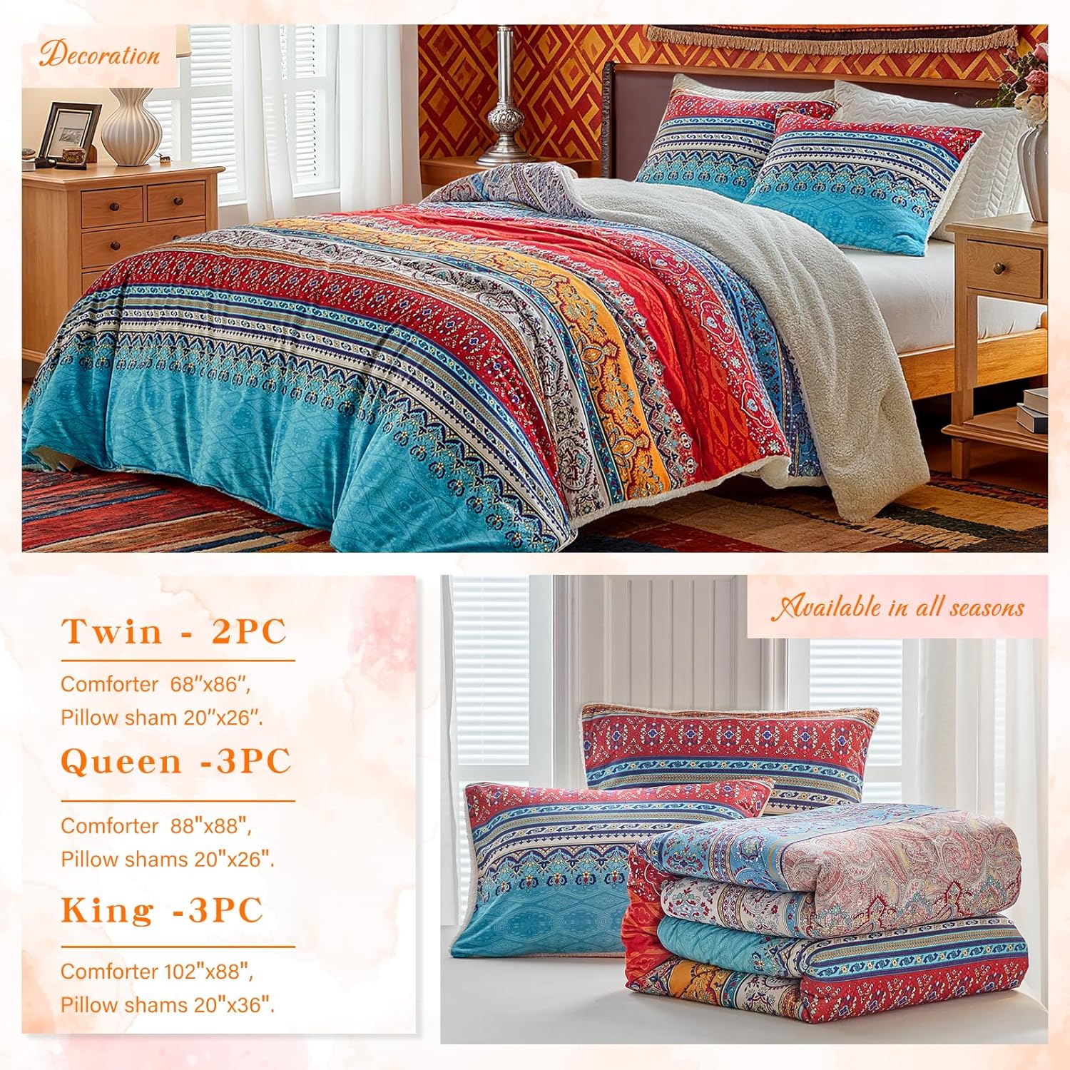 Tititada 3 Pieces Thick Flannel Bohemian Blanket with 2 Shams King Size Warm for Winter, Boho Striped 3-Layer Elegant Flannel Sherpa Blanket Set with Soft Microfiber (King, Blue n Red)