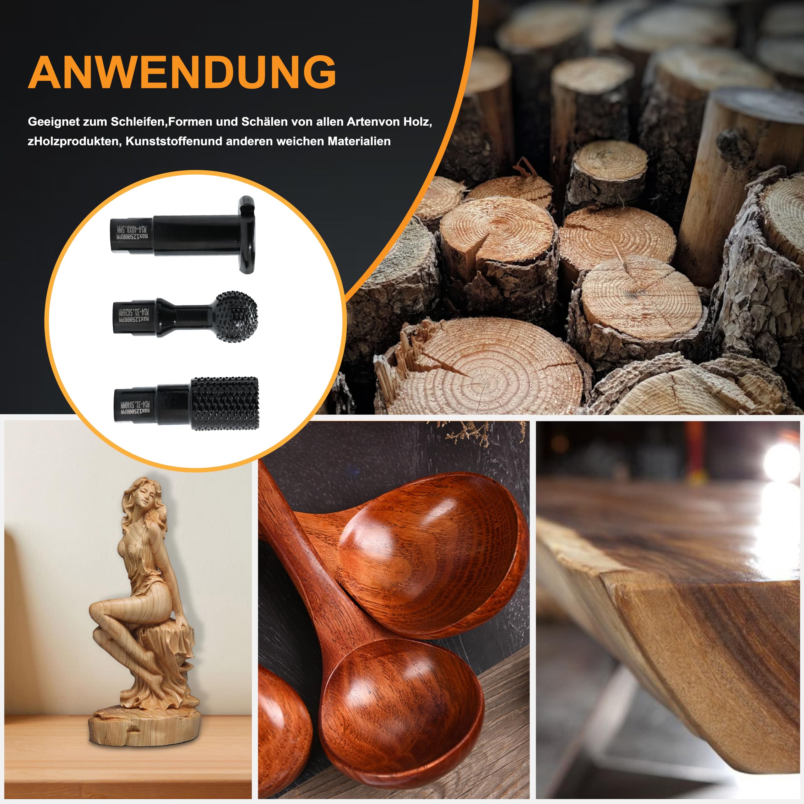 Set di frese per intagliare il legno, filettatura M14, 3 pezzi, per smerigliatrice angolare, 115 mm/125 mm, nero