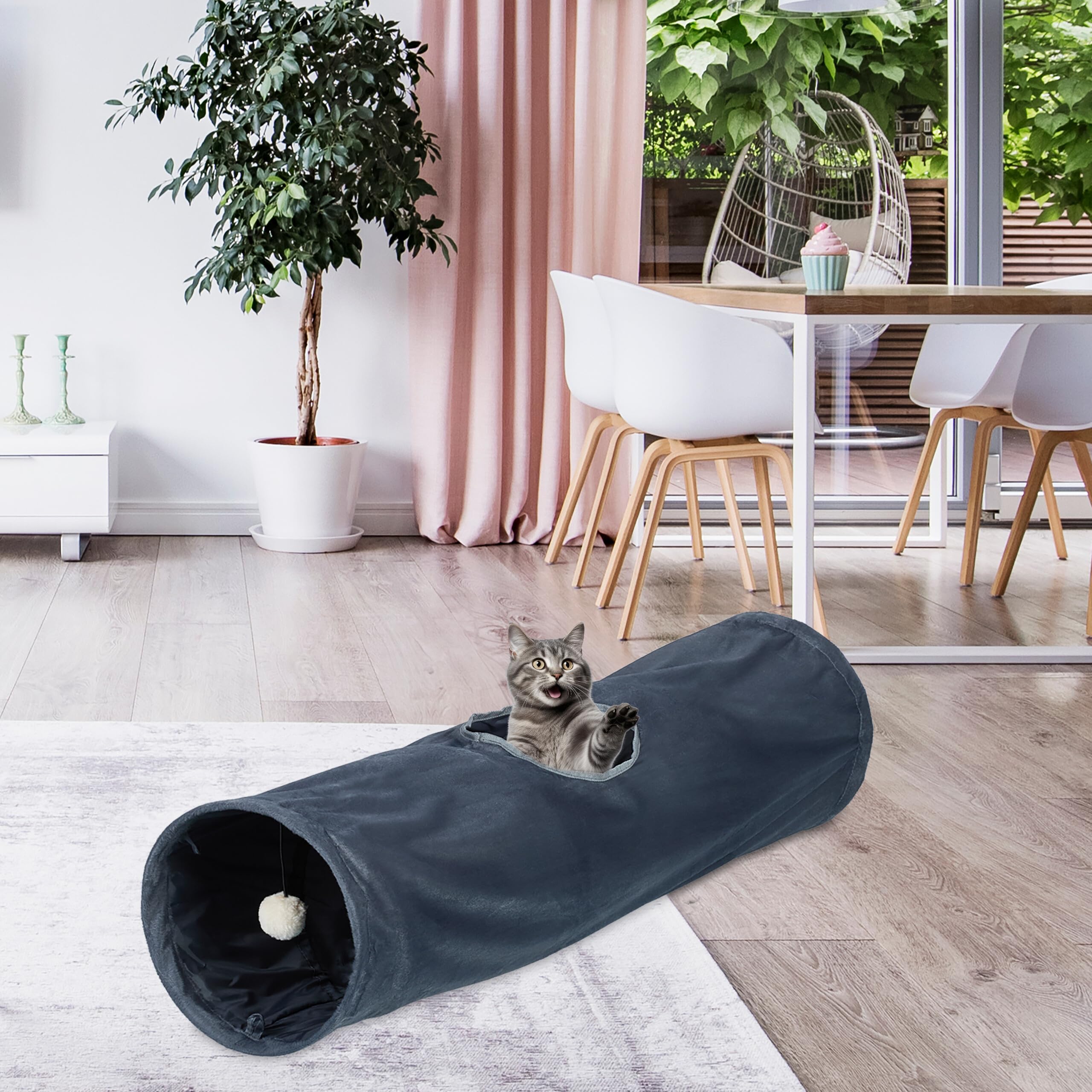 Relaxdays Cat Tunnel, Soft Plush Lining, with Play Ball, Foldable, W x D: 88 x 25 cm, Interactive Toy, Grey, Polyester, 25 x 88 x 25 cm - Image 2