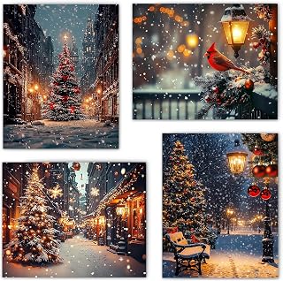 FITIE Christmas Tree Village Wall Art Posters Set of 4, Rustic Christmas Decor, Festive Snowy Town Xmas Red Cardinal Winter Scene Canvas Prints Artwork Wall Decor for Bedroom Home, 8x10 Unframed