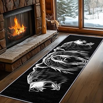 Bear Rugs for Cabin, Bear Runner Rug, 2x7ft, Grizzly Bear Man Cave Black and White Hallway Runner, Cabin Animal Low Pile Washable Runner Rug - Bear Home Decor