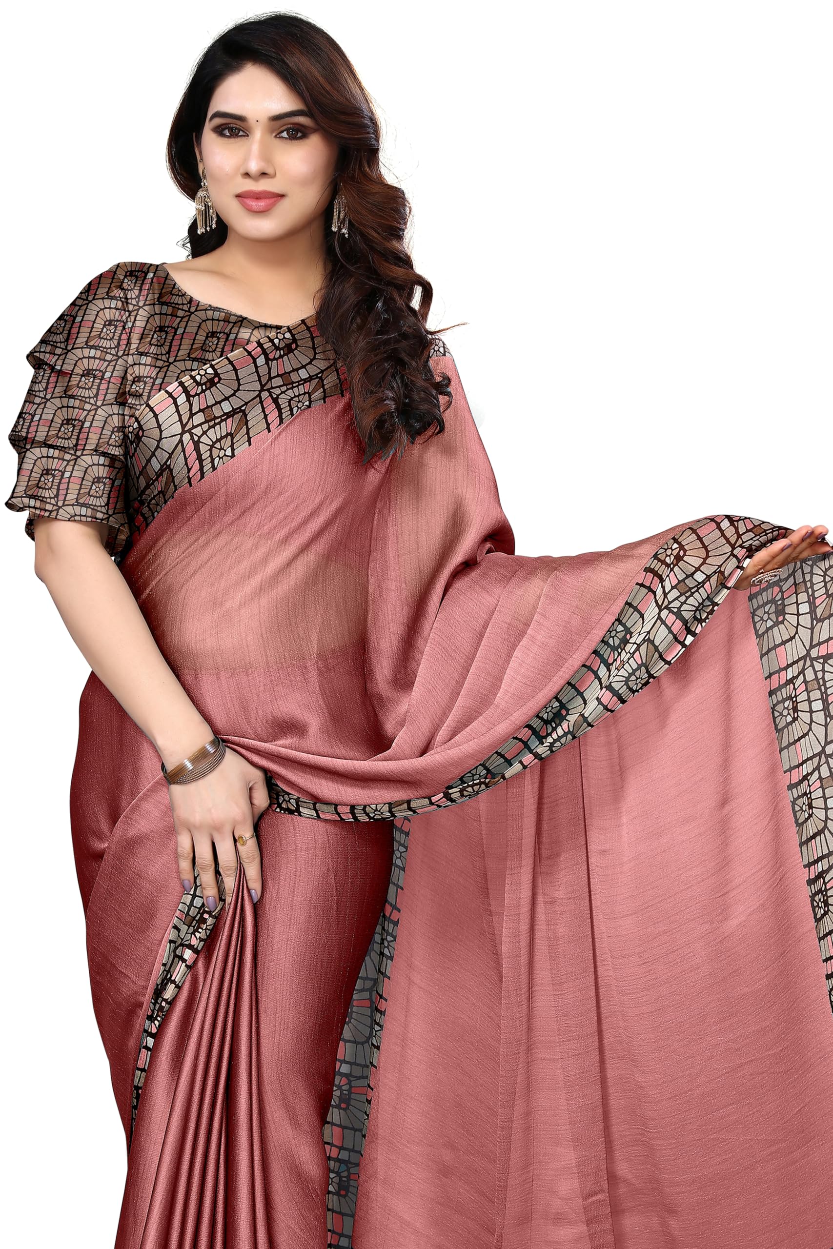 MIRCHI FASHION Saree for Woman Chiffon Georgette Solid with Contrast Border | Lightweight Daily Wear Women's Sari and Printed Blouse Piece