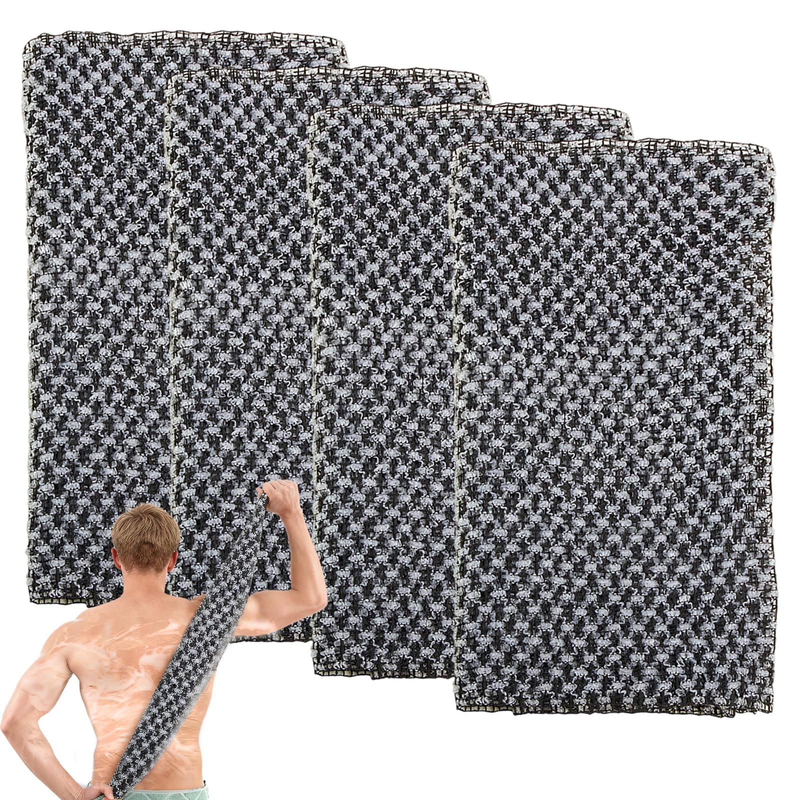 Meunhy Gray 4Pcs Japanese Exfoliating Towel, Exfoliating Shower Towel, Japanese Washcloth For Back Legs Body Bath Cleaning, Back Scrubbers For Scrubbing, Lathering And Dead Skin Removal