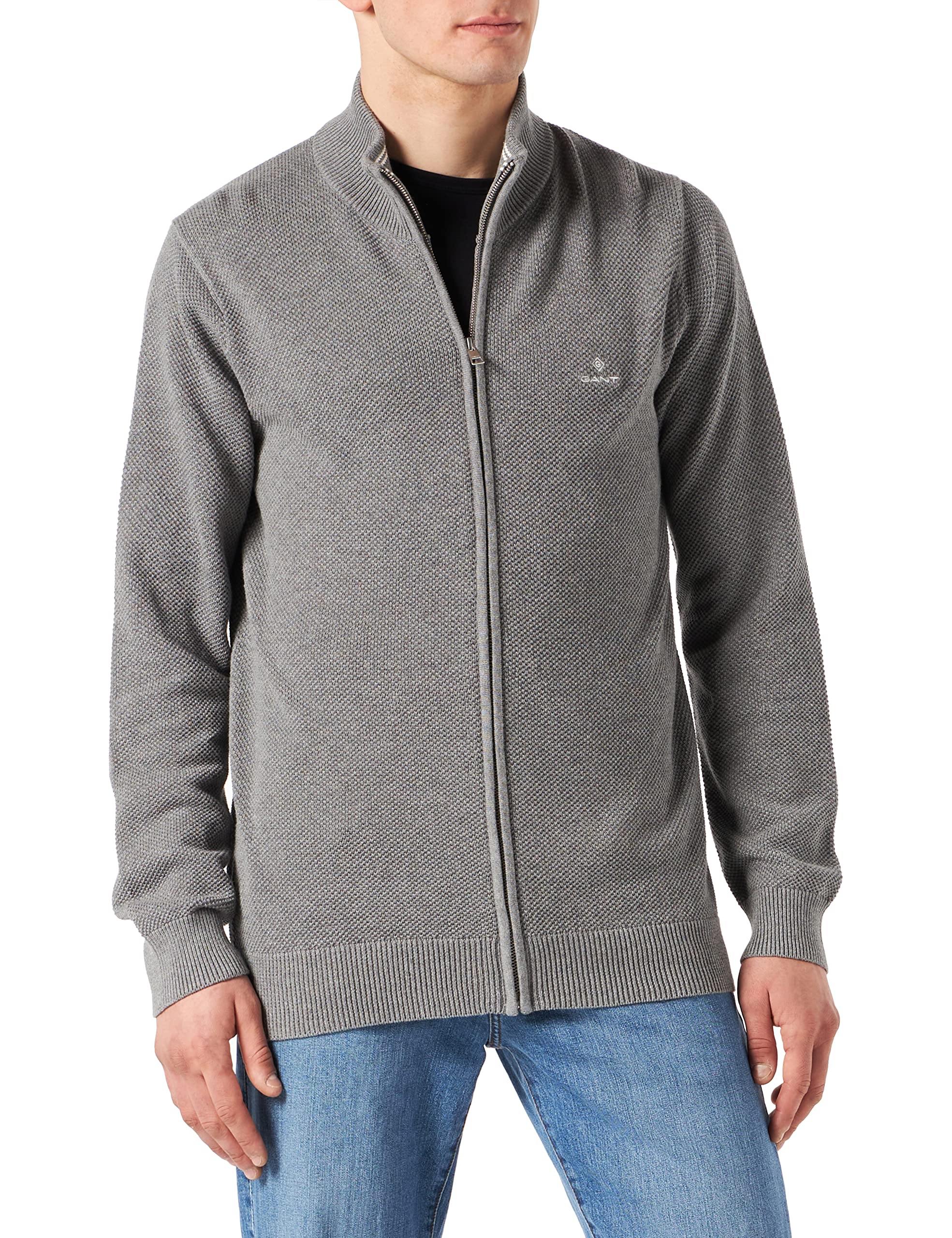 GANT Men's Cotton Pique Zip Cardigan Cardigan Sweater , Dark Grey Melange,XL