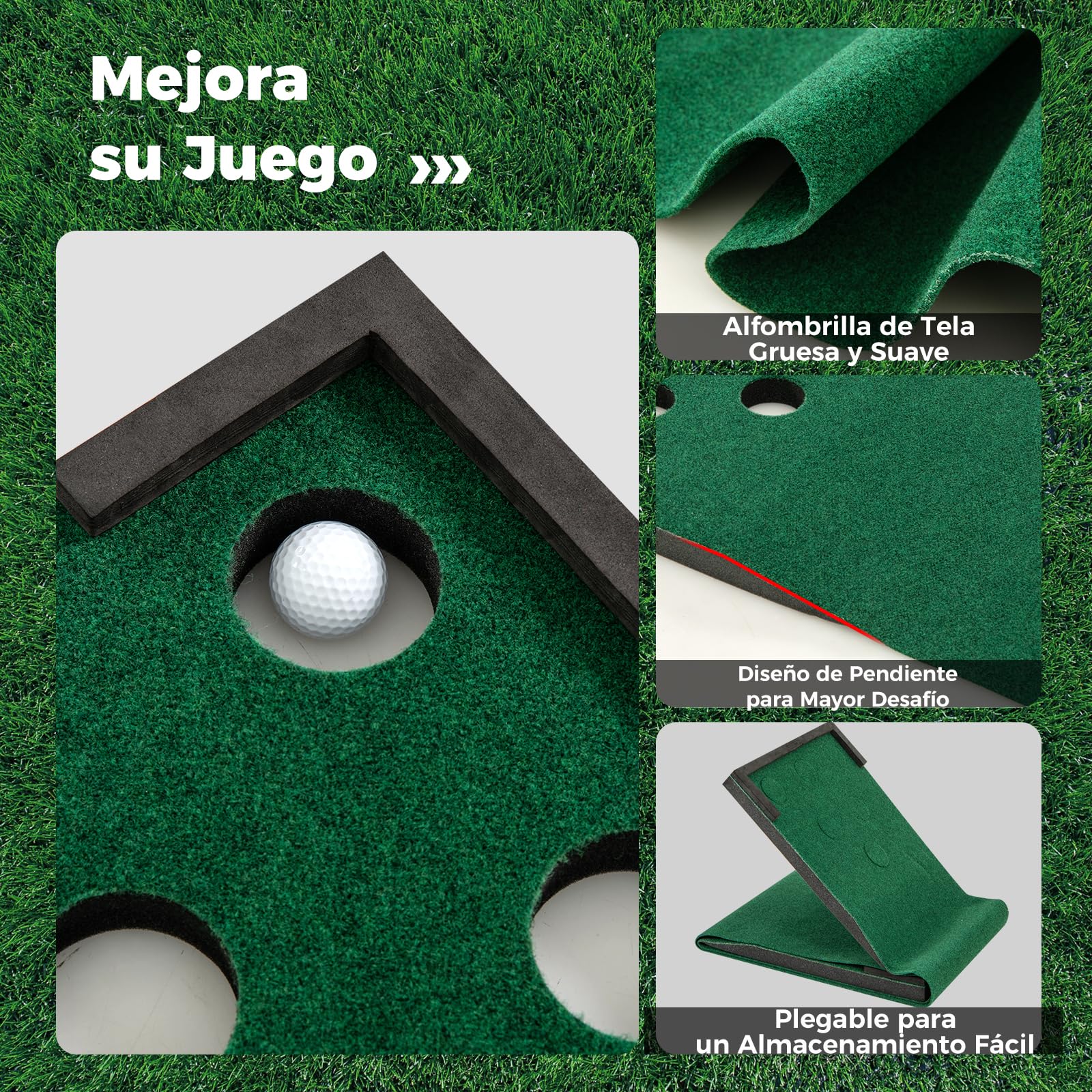 GYMAX Alfombra de Putting Práctica, Juego de Golf Mat Portátil con 2 Putters Ajustables,6 Bolas, Bolsa de Transporte para Interior, Exterior Case, Oficina, Entrenamiento Mini Golf