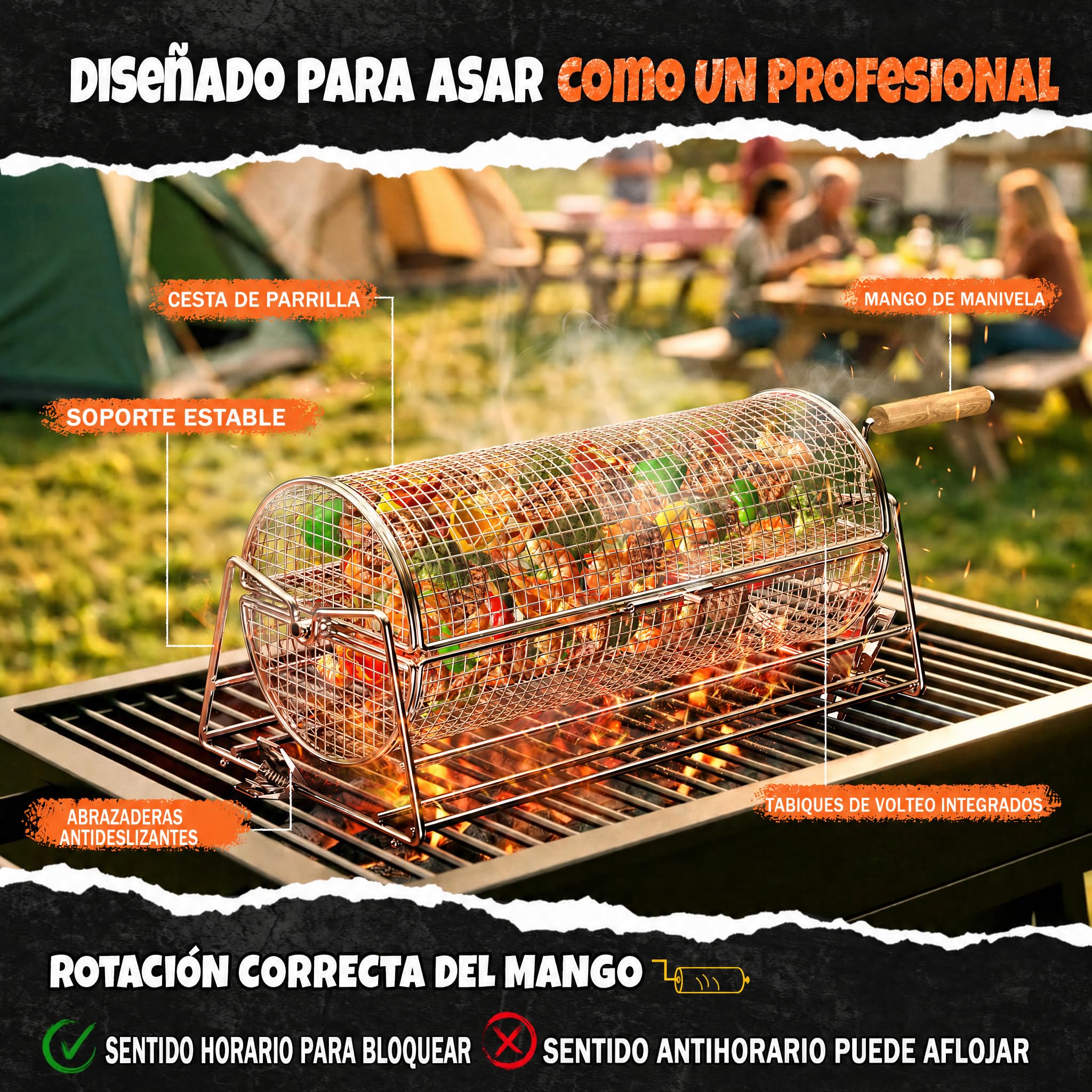 2-en-1 Cesta de Parrilla Rodadiza Rotativa, Acero Inoxidable 304 con Dobles Mangos de Manivela y Recto, Accesorios Barbacoa para Verduras Camarones, Regalo Idea Hombre Papá Esposo Cumpleaños