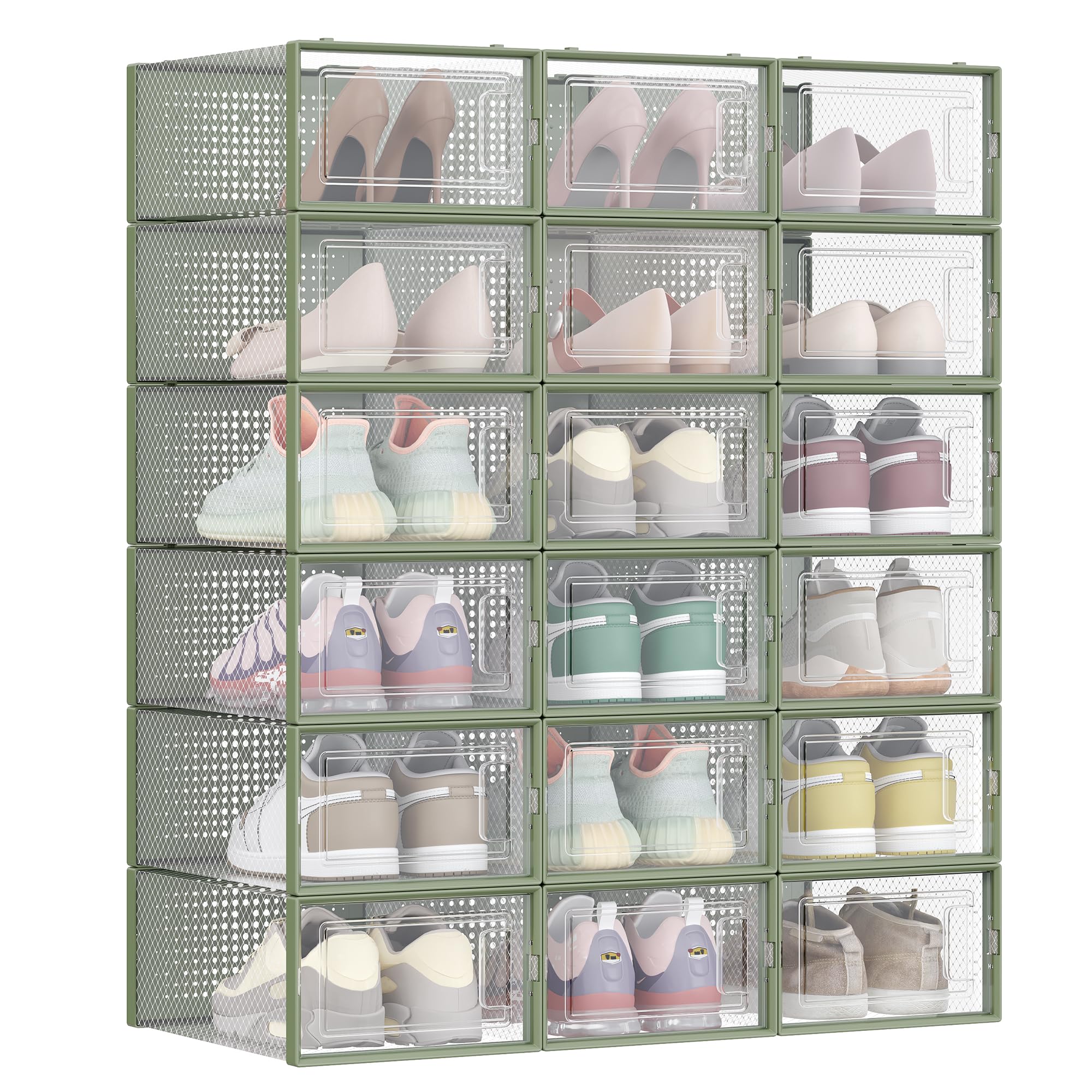 SONGMICS Shoe Boxes, Pack of 18 Stackable Shoe Storage Organisers, Foldable and Versatile for Sneakers, Fit up to UK Size 9.5, Transparent and Laurel Green LSP18SG30
