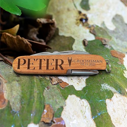 Vista 7 de Juego de 3 cuchillos de bolsillo personalizados para padrinos de boda - Cuchillos personalizados multiherramienta de 8 funciones - Cuchillos